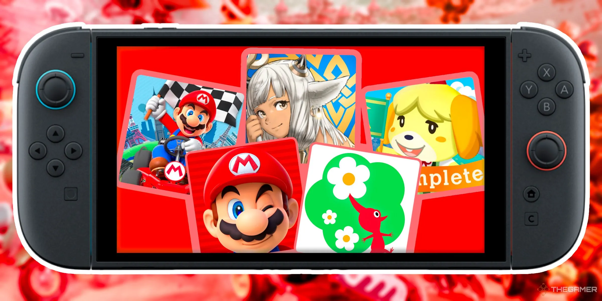 Bộ sưu tập game mobile của Nintendo (Mario Kart Tour, Super Mario Run, Fire Emblem Heroes, Pikmin Bloom, Animal Crossing Pocket Camp) hiển thị trên Nintendo Switch 2