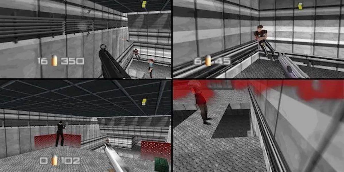 Bốn người chơi tập trung vào màn hình chia đôi khi chơi game Goldeneye 007, minh họa hành vi screen cheating