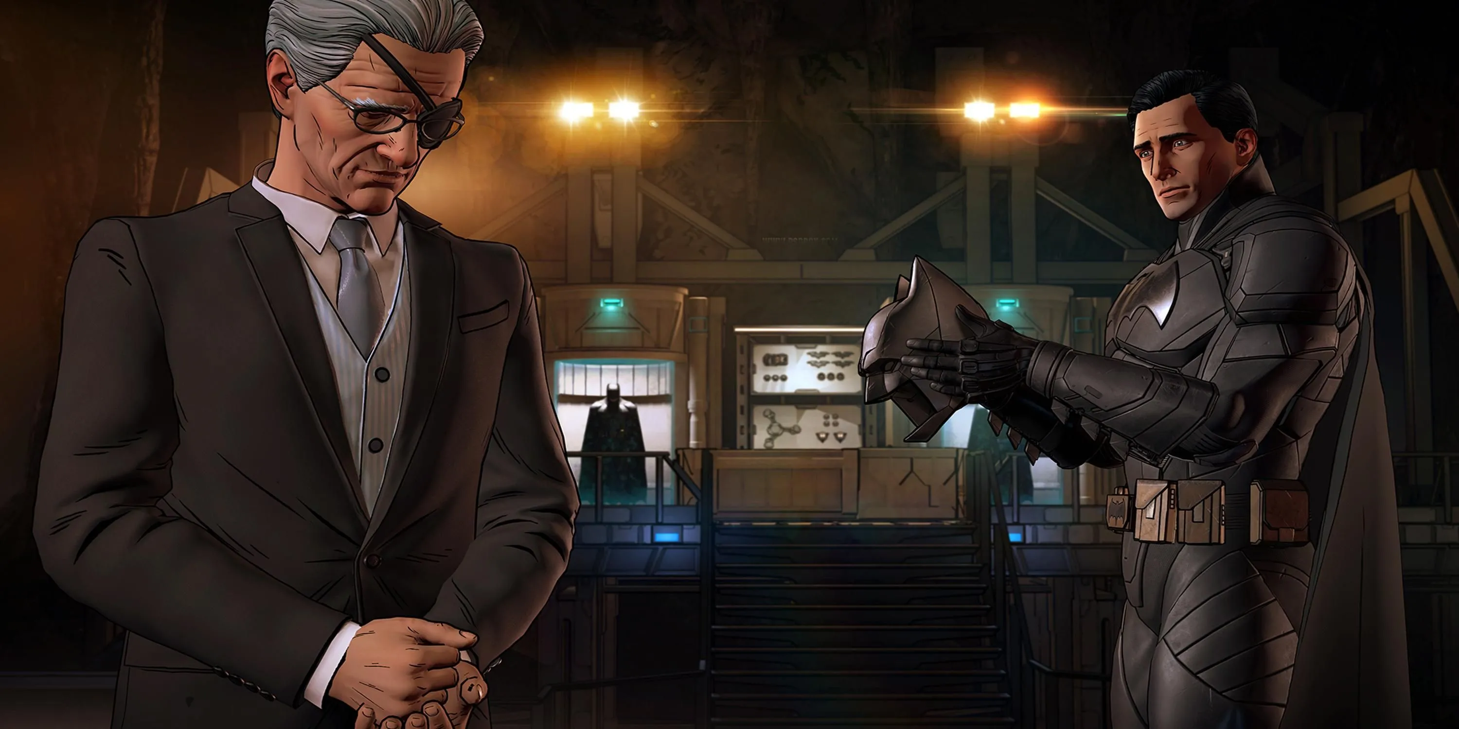 Bruce Wayne trầm tư đối mặt với Alfred trong Batman: The Enemy Within.