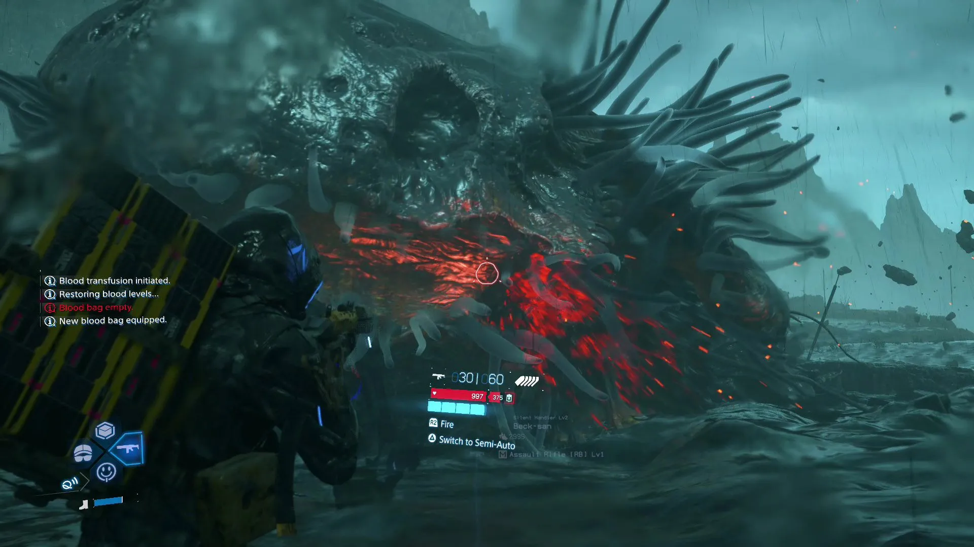 BT khổng lồ phun tar vào Sam trong Death Stranding 2