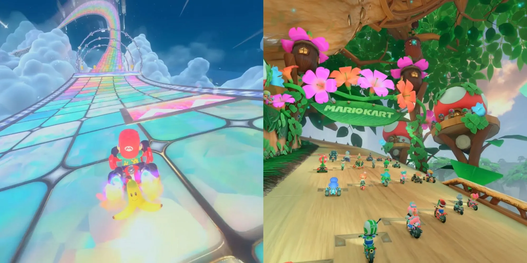 Các đường đua Rainbow Road và Acorn Heights đầy màu sắc trong game Mario Kart World.