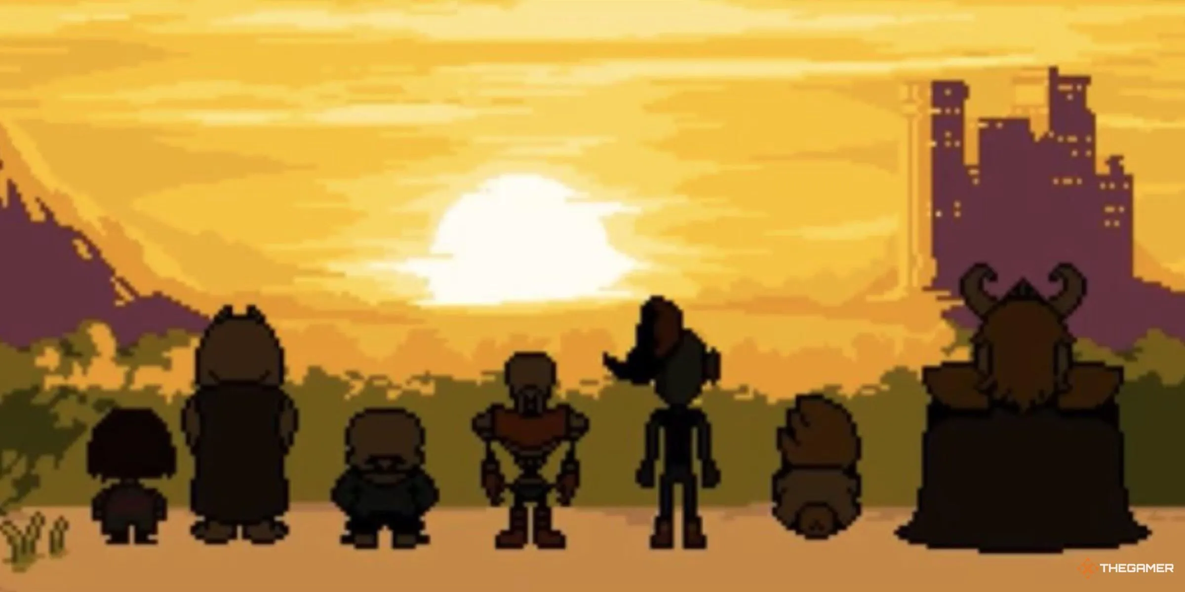 Các nhân vật chính Frisk, Toriel, Sans, Papyrus, Undyne, Alphys và Asgore nhìn về phía hoàng hôn trong cảnh kết thúc game Undertale, thể hiện chiều sâu cảm xúc của trò chơi indie này.