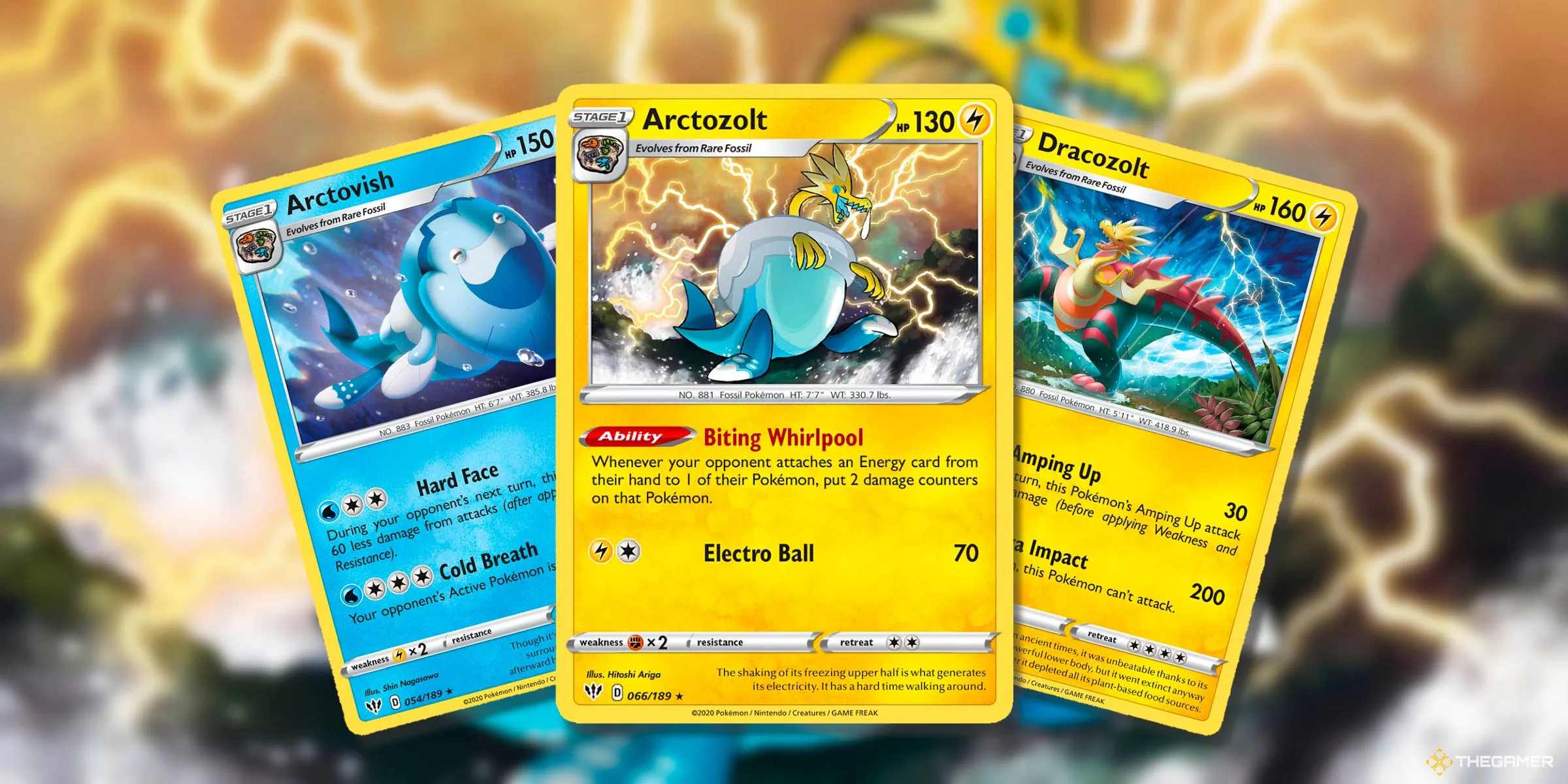 Các thẻ bài Arctovish, Arctozolt và Dracozolt, những Pokemon hóa thạch dị thường từ Galar trong Pokemon TCG.