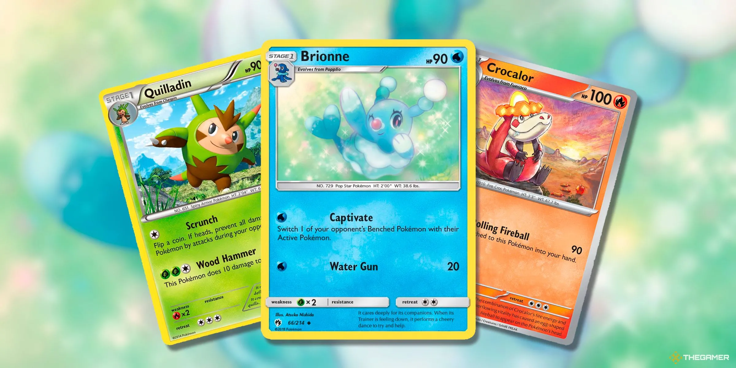 Các thẻ bài Quilladin, Brionne và Crocalor đại diện cho các Starter Pokemon ở tiến hóa giữa trong Pokemon TCG.