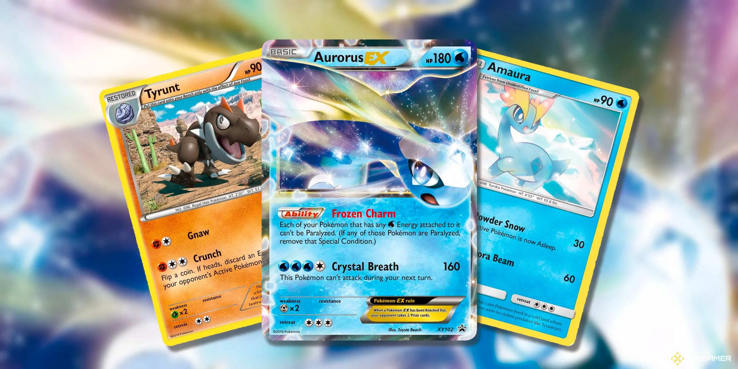 Các thẻ bài Tyrunt, Aurorus EX và Amaura đại diện cho Pokemon hóa thạch Kalos trong Pokemon TCG.