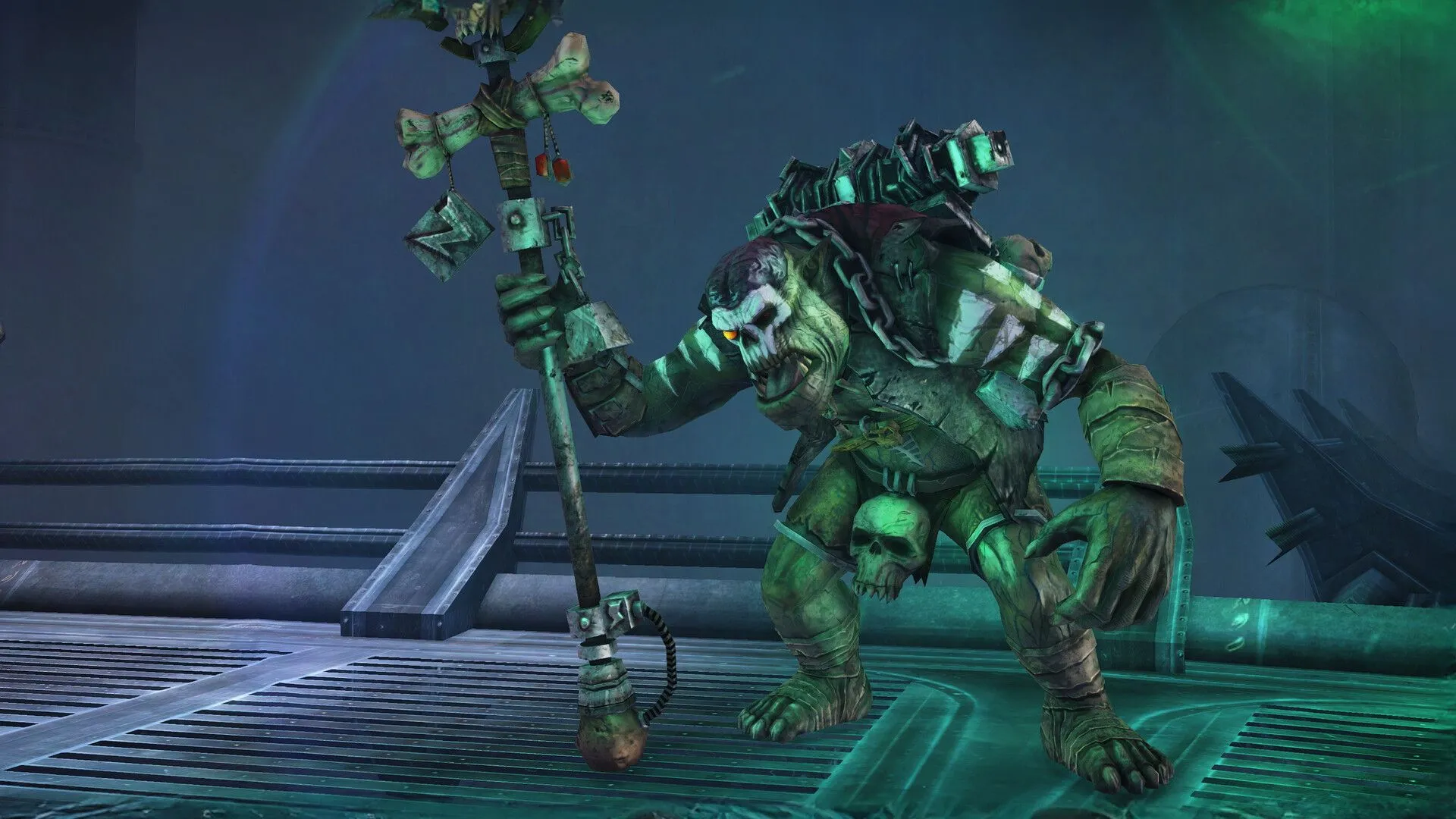 Cận cảnh chi tiết bộ giáp Power Armor của Space Marine và hiệu ứng ánh sáng trong môi trường đổ nát, phô diễn đồ họa nâng cấp
