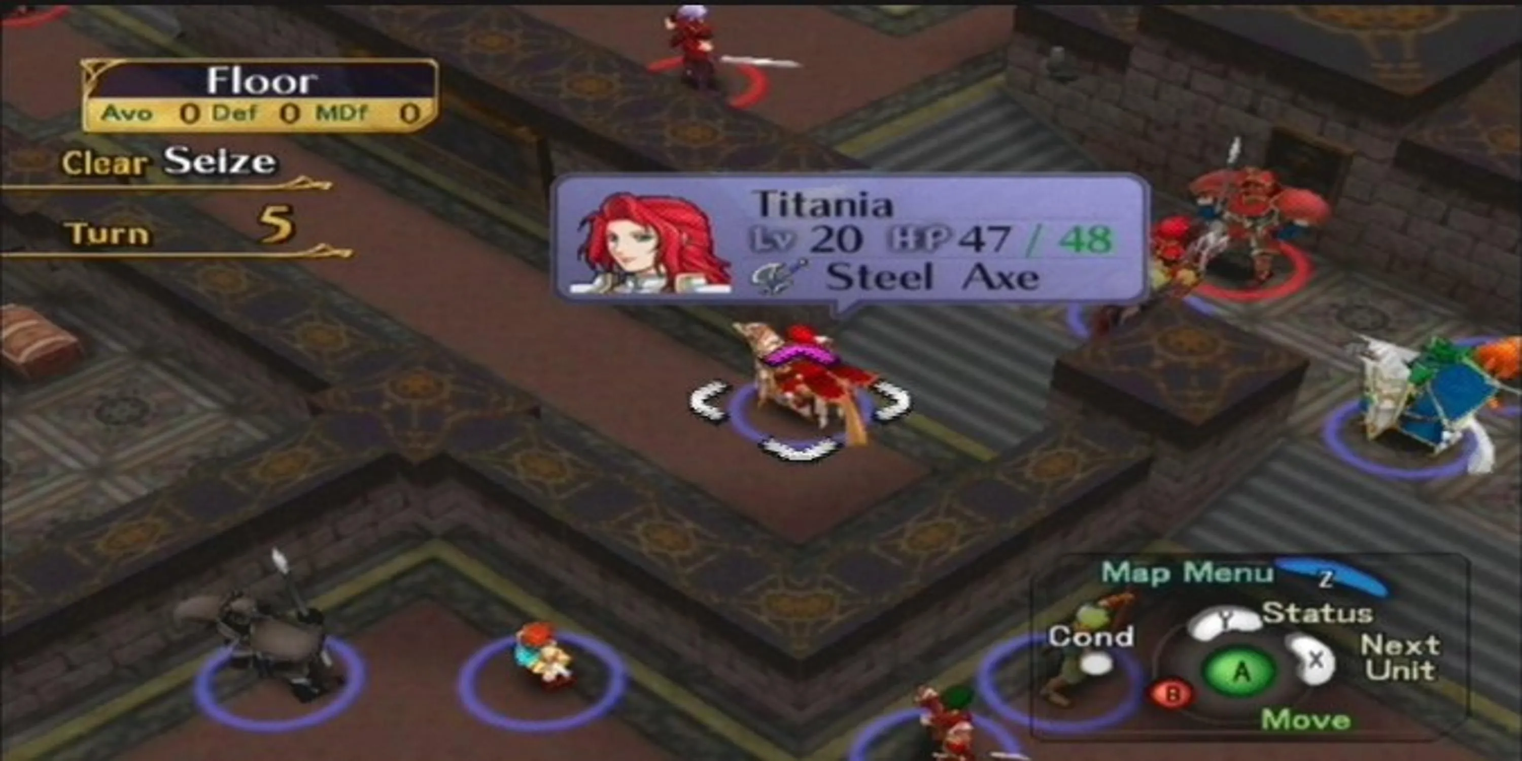 Cảnh gameplay chiến thuật theo lượt trong Fire Emblem Path of Radiance, thể hiện hệ thống lưới ô và các đơn vị quân