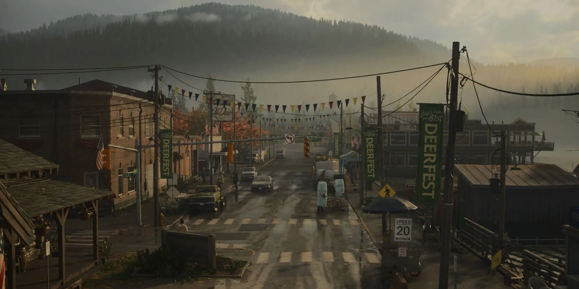 Cảnh thị trấn Bright Falls u ám trong thế giới Alan Wake.