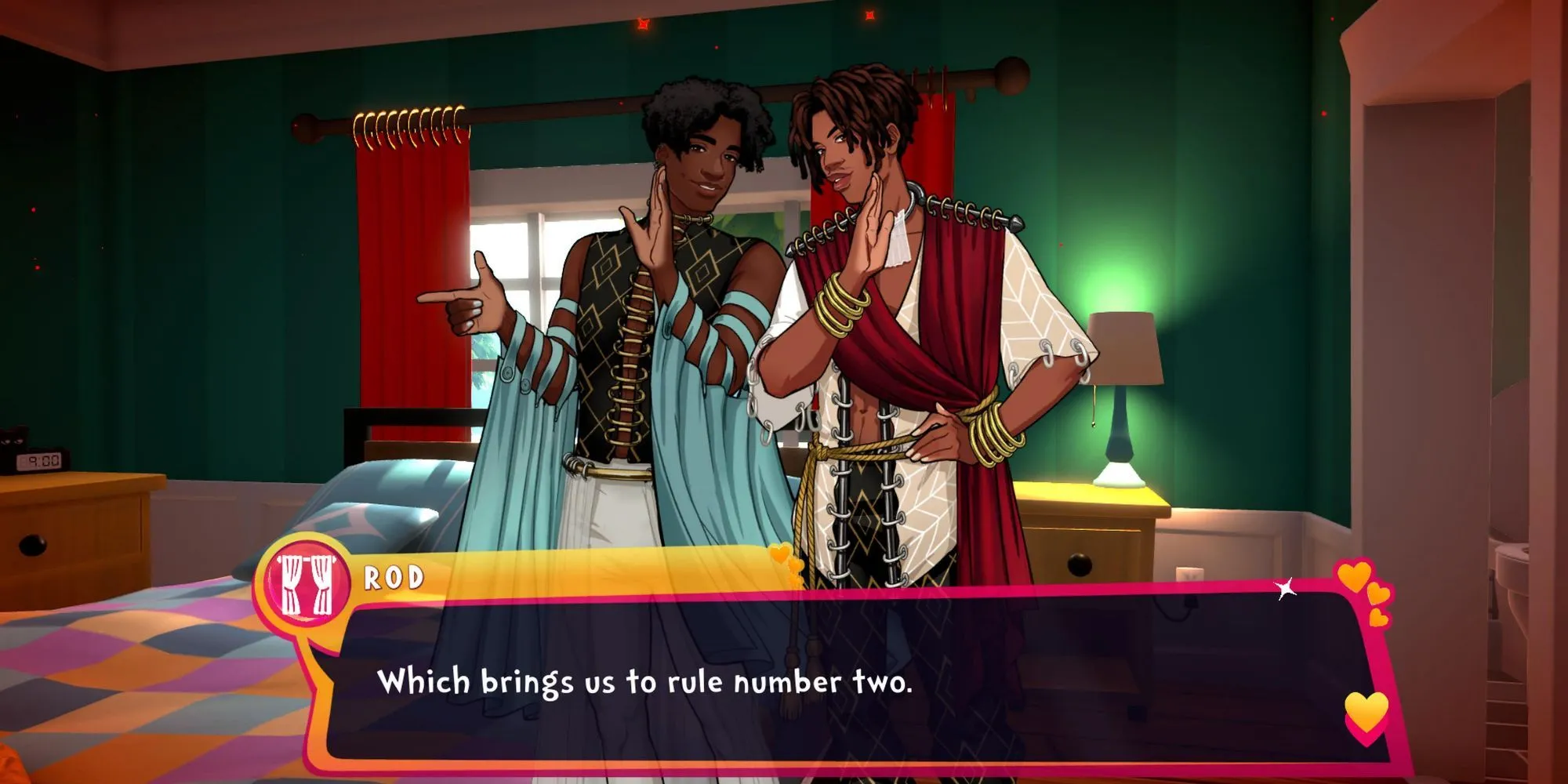Cặp đôi rèm cửa Curt và Rod trong Date Everything, minh họa cho những cốt truyện đôi khi khó theo dõi trong game dating sim.