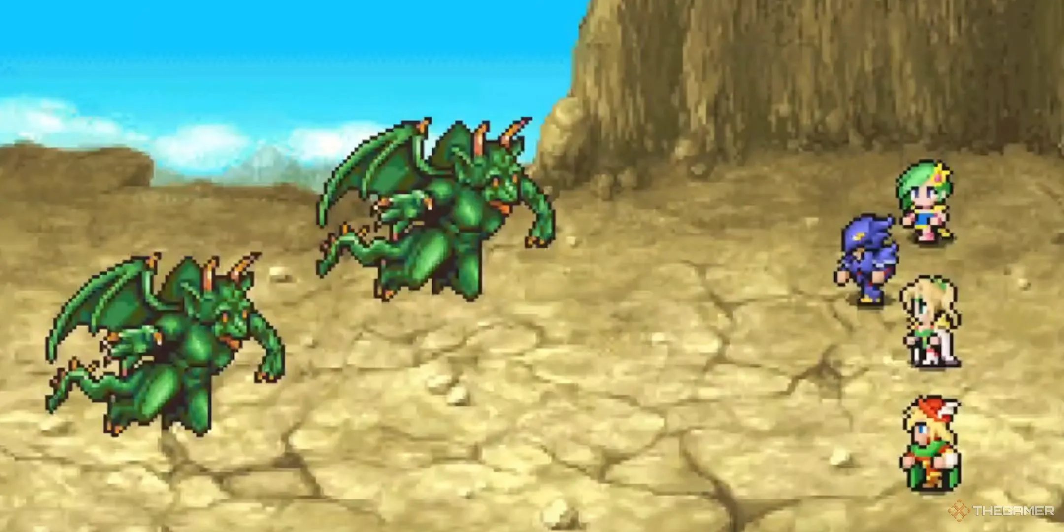 Cecil và đội của mình chiến đấu với quái vật bay trong Final Fantasy 4