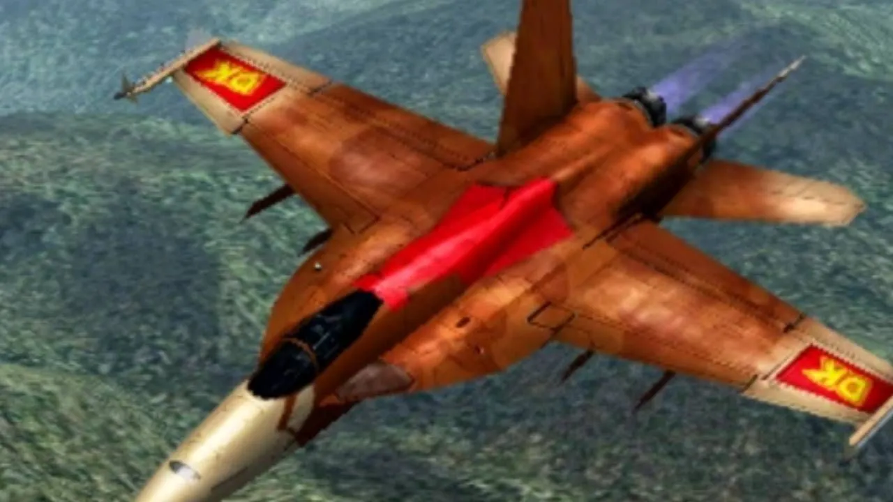 Chiếc máy bay F/A-18E được trang trí theo chủ đề Donkey Kong trong Ace Combat: Assault Horizon Legacy+ trên Nintendo 3DS.