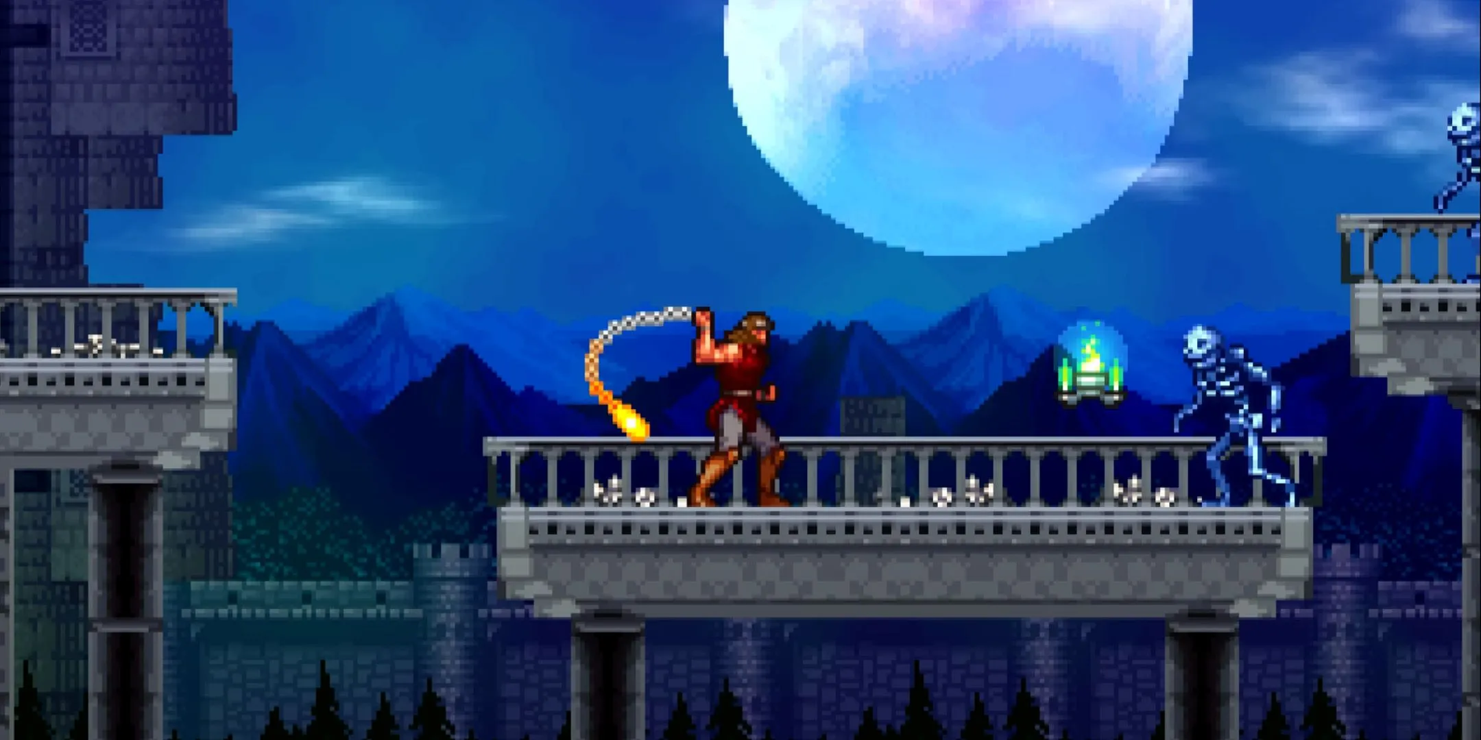 Christopher Belmont dùng roi đánh xương trong Castlevania: The Adventure ReBirth dưới ánh trăng tròn.