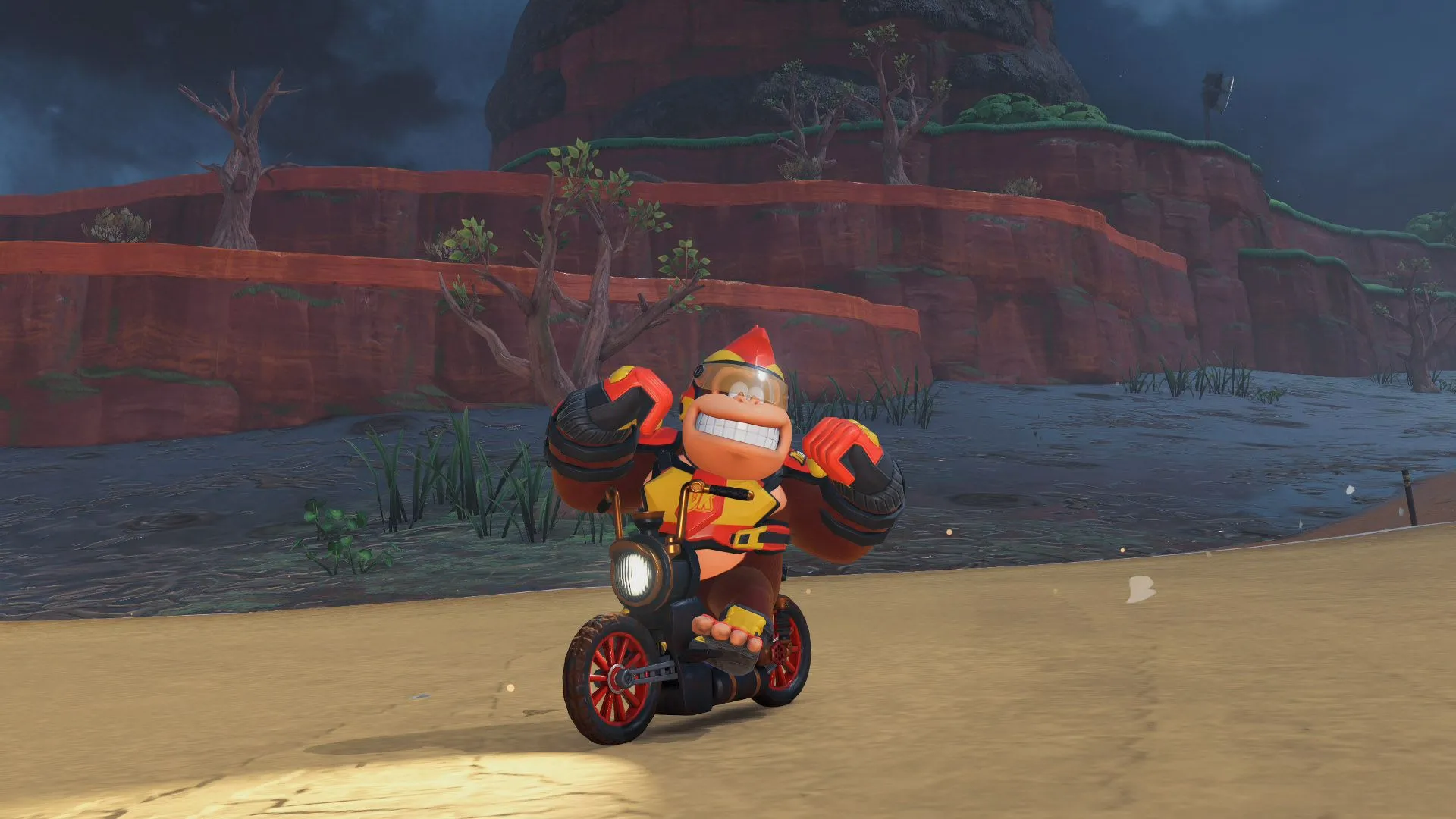Chúa tể rừng xanh Donkey Kong biểu diễn kỹ năng trên chiếc xe Flex Bike đầy cá tính trong Mario Kart World.