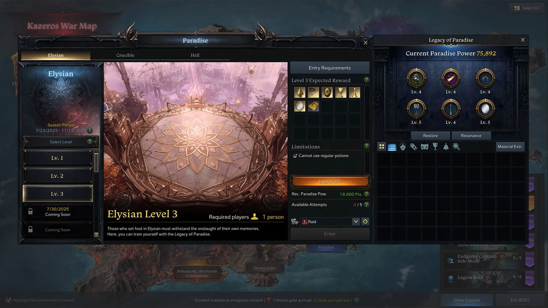 Cổng vào và giao diện chọn cấp độ Elysian trong Lost Ark