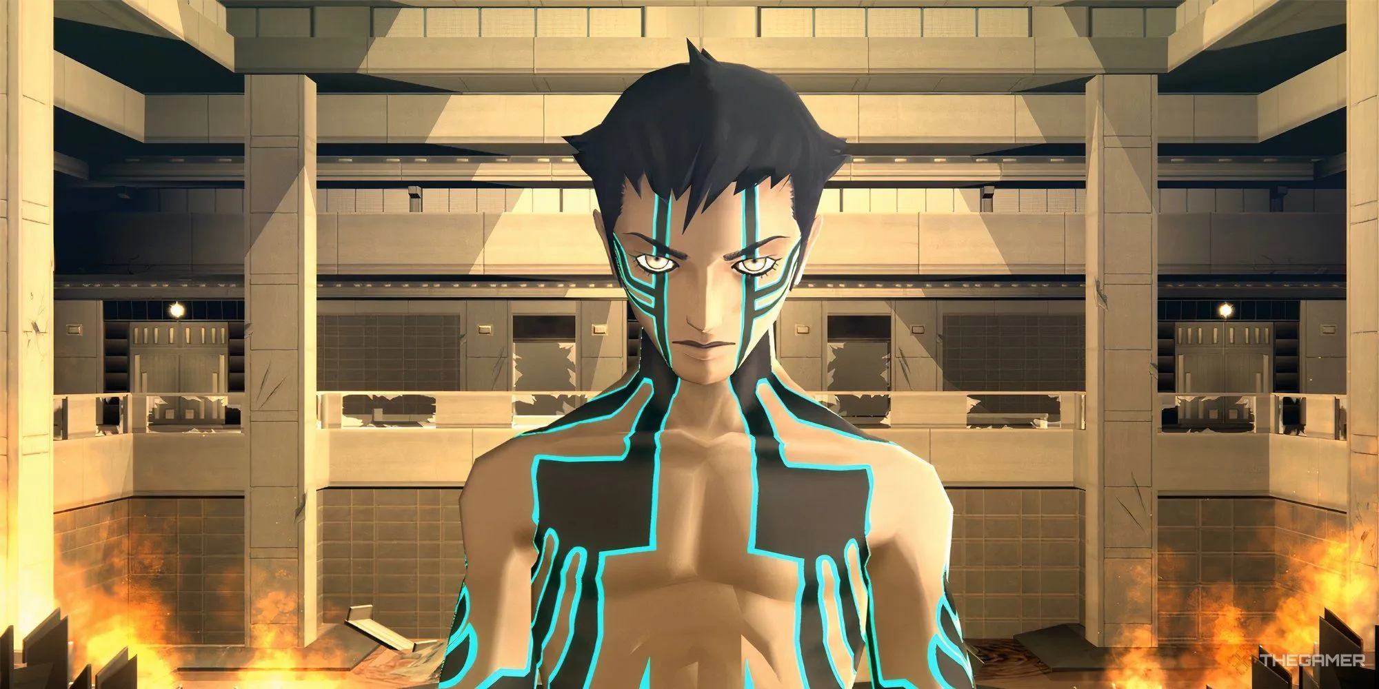 Demifiend ở Ikebukuro nhìn thẳng vào camera trong Shin Megami Tensei 3 Nocturne.