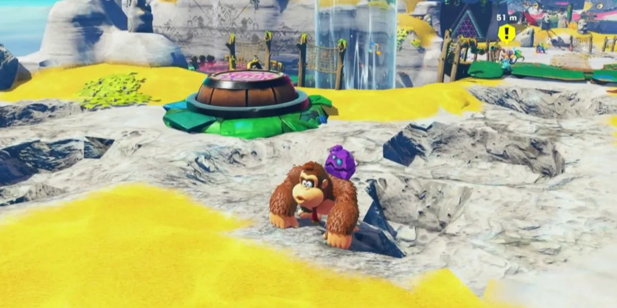 Donkey Kong đang huýt sáo trong Donkey Kong Bananza, tạo ra các nốt nhạc dẫn đường và hóa giải thiết bị VoidCo