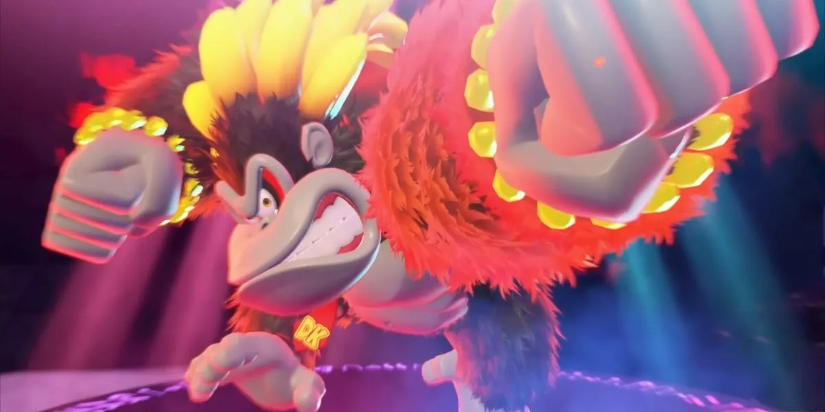 Donkey Kong đang sử dụng Kong Bananza Transformation, một dạng biến hình mạnh mẽ giúp phá vỡ các chướng ngại vật cứng cáp