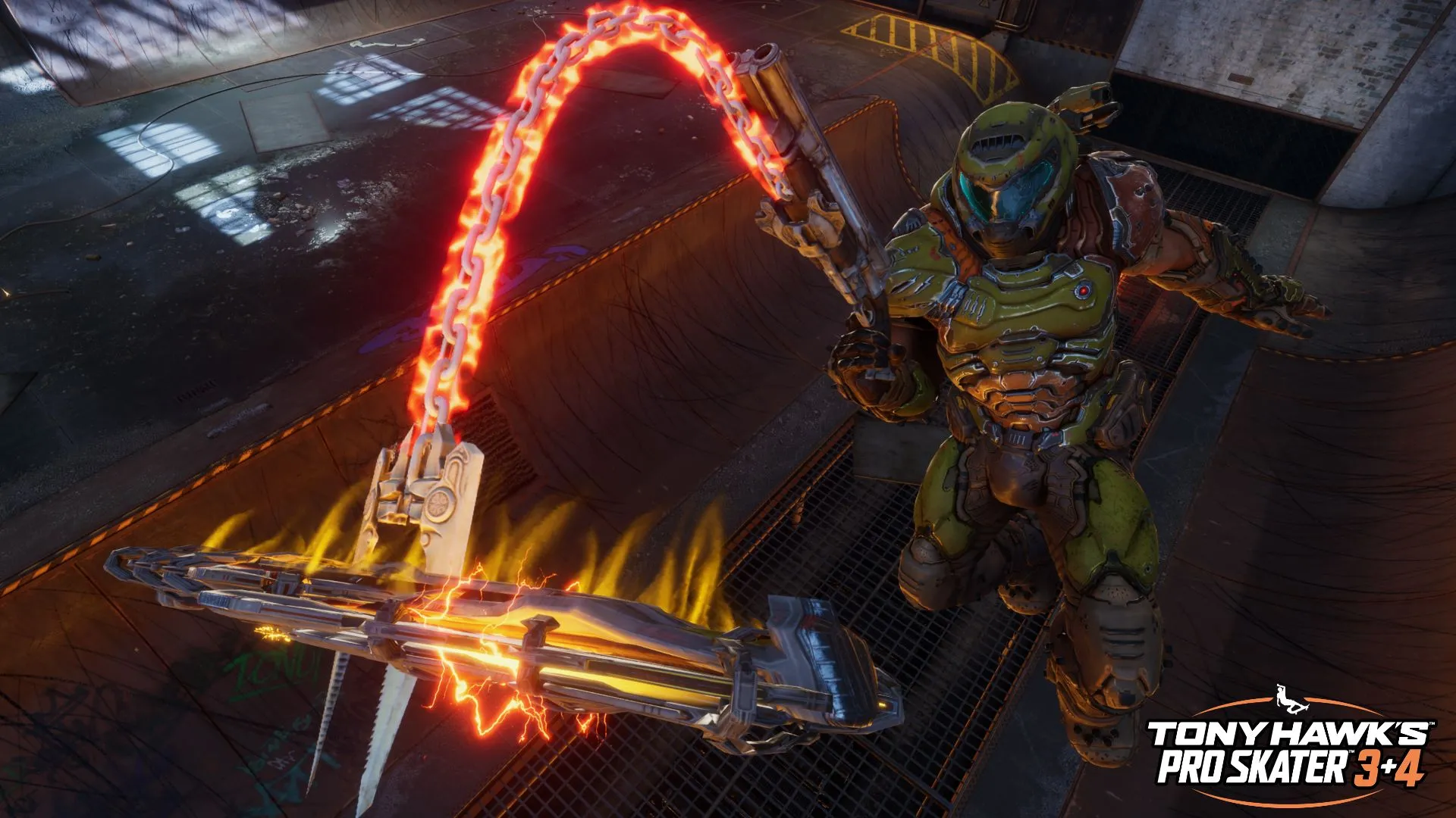Doom Slayer biểu diễn trick trượt ván trong môi trường nhà máy