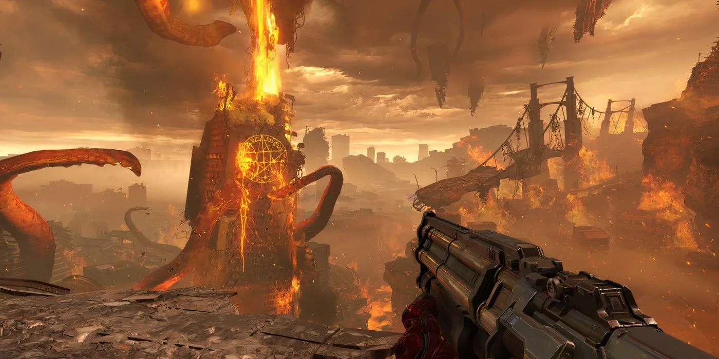 Doom Slayer đứng trên tàn tích Trái Đất, sẵn sàng chiến đấu với bè lũ quỷ dữ trong DOOM Eternal