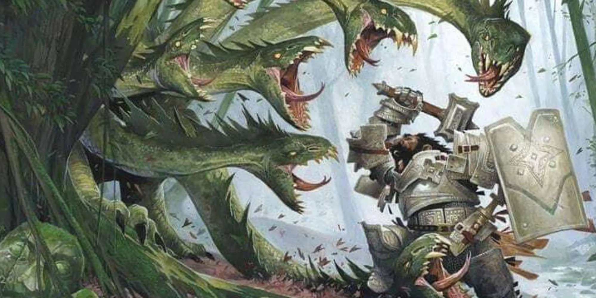 Dungeons &amp; Dragons image showing a dwarf fighting a hydra.