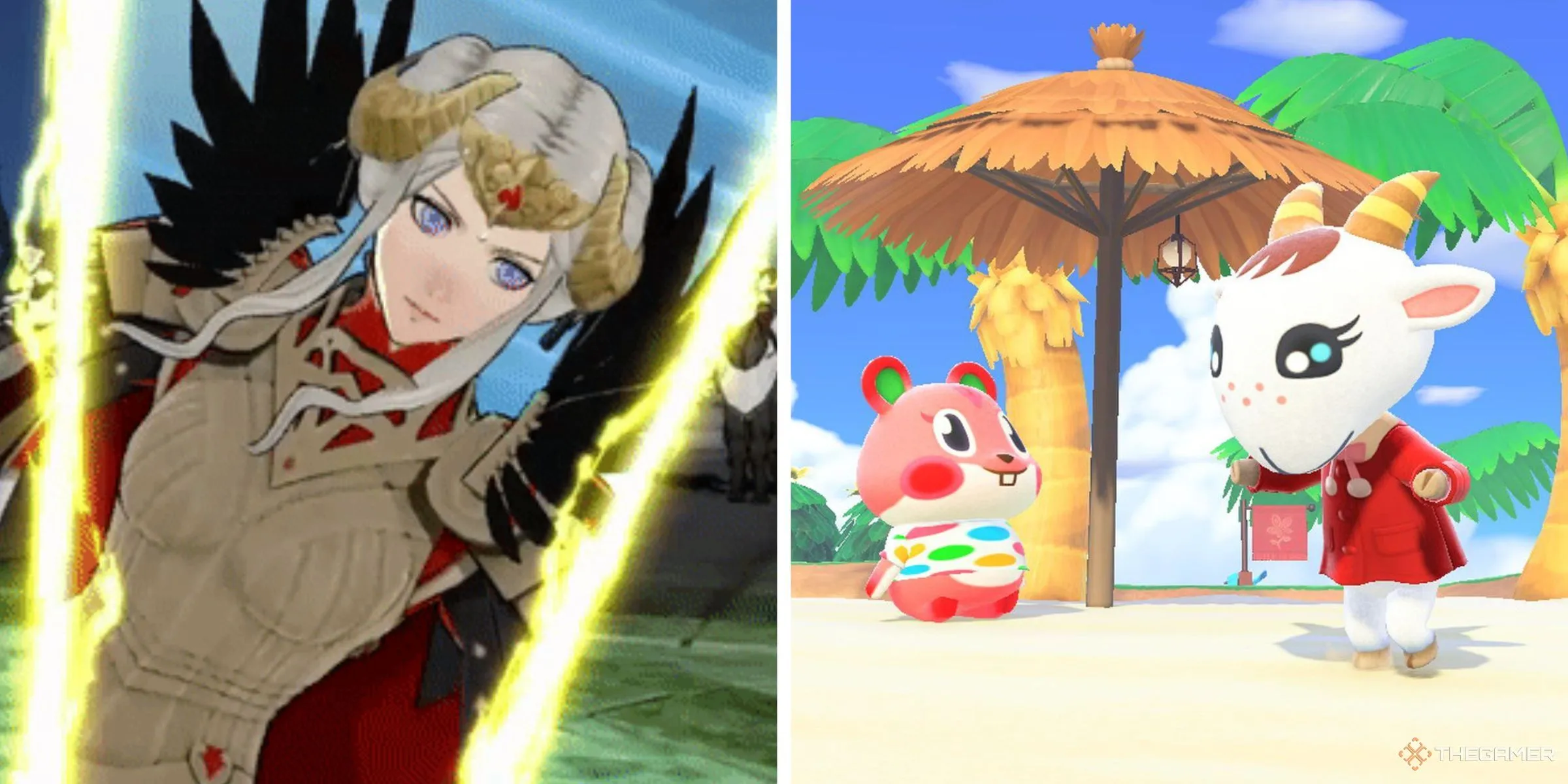 Edelgard tung đòn chí mạng trong Fire Emblem Three Houses, Apple và Chevre trên bãi biển Animal Crossing New Horizons