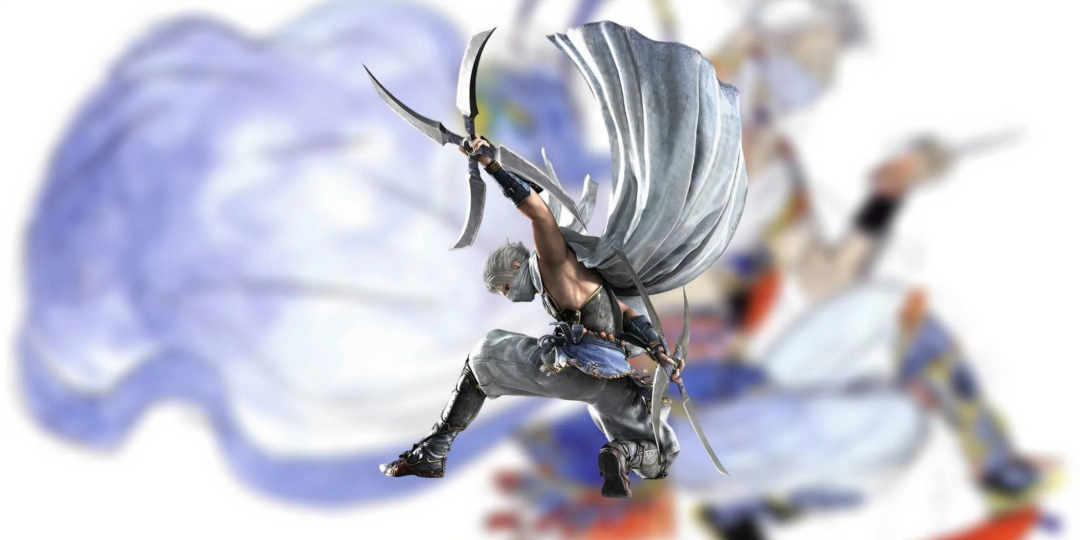 Edge Geraldine trong trang phục ninja từ Final Fantasy 4, lưng quay về phía người xem và cầm hai phi tiêu lớn