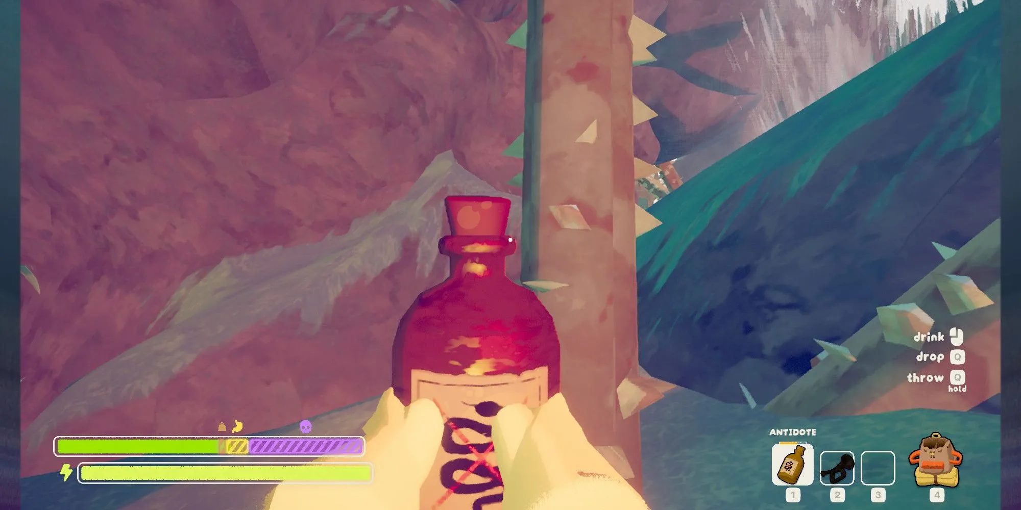 Game thủ PEAK cầm Antidote đứng cạnh dây leo gai độc, nguồn gây sát thương độc phổ biến