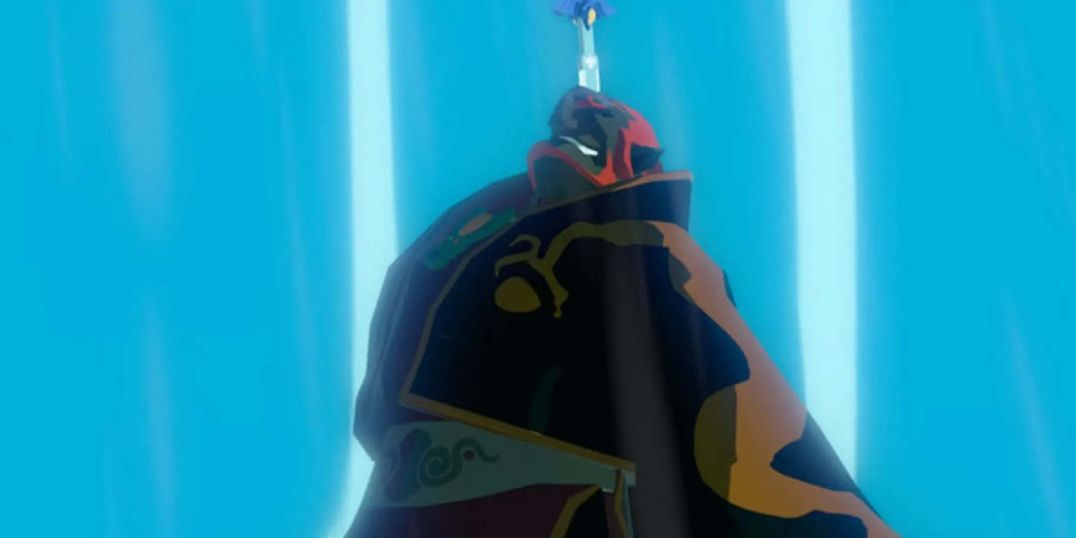 Ganondorf bị đâm Master Sword vào đầu trong cảnh cuối Zelda The Wind Waker, Link tiêu diệt trùm