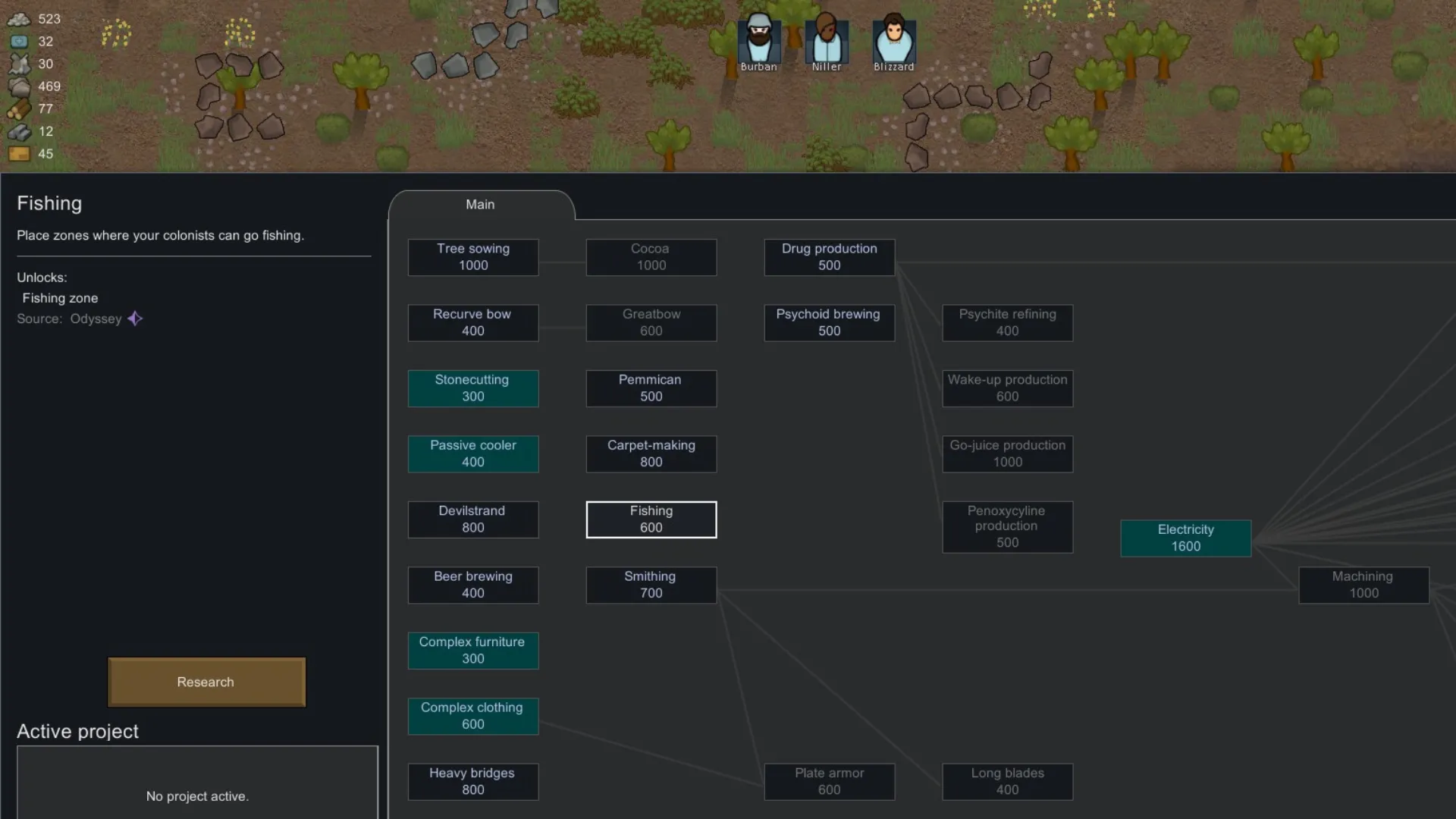 Giao diện cây công nghệ RimWorld Odyssey hiển thị nút nghiên cứu Fishing Node.