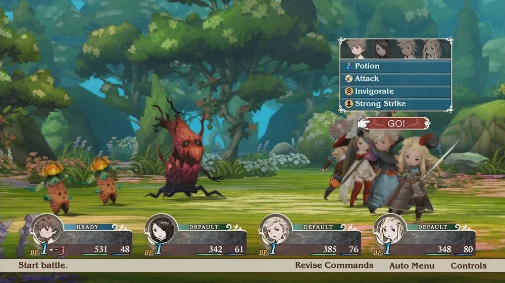 Giao diện chiến đấu với cơ chế Brave và Default trong Bravely Default Flying Fairy HD Remaster