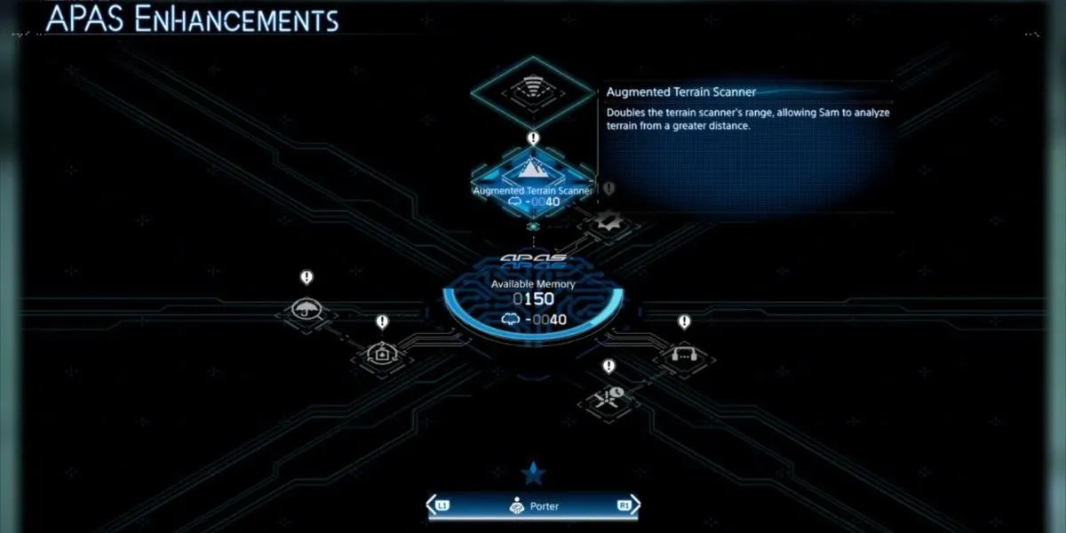 Giao diện Odradek với tầm quét địa hình được mở rộng gấp đôi nhờ kỹ năng Augmented Terrain Scanner trong Death Stranding 2.