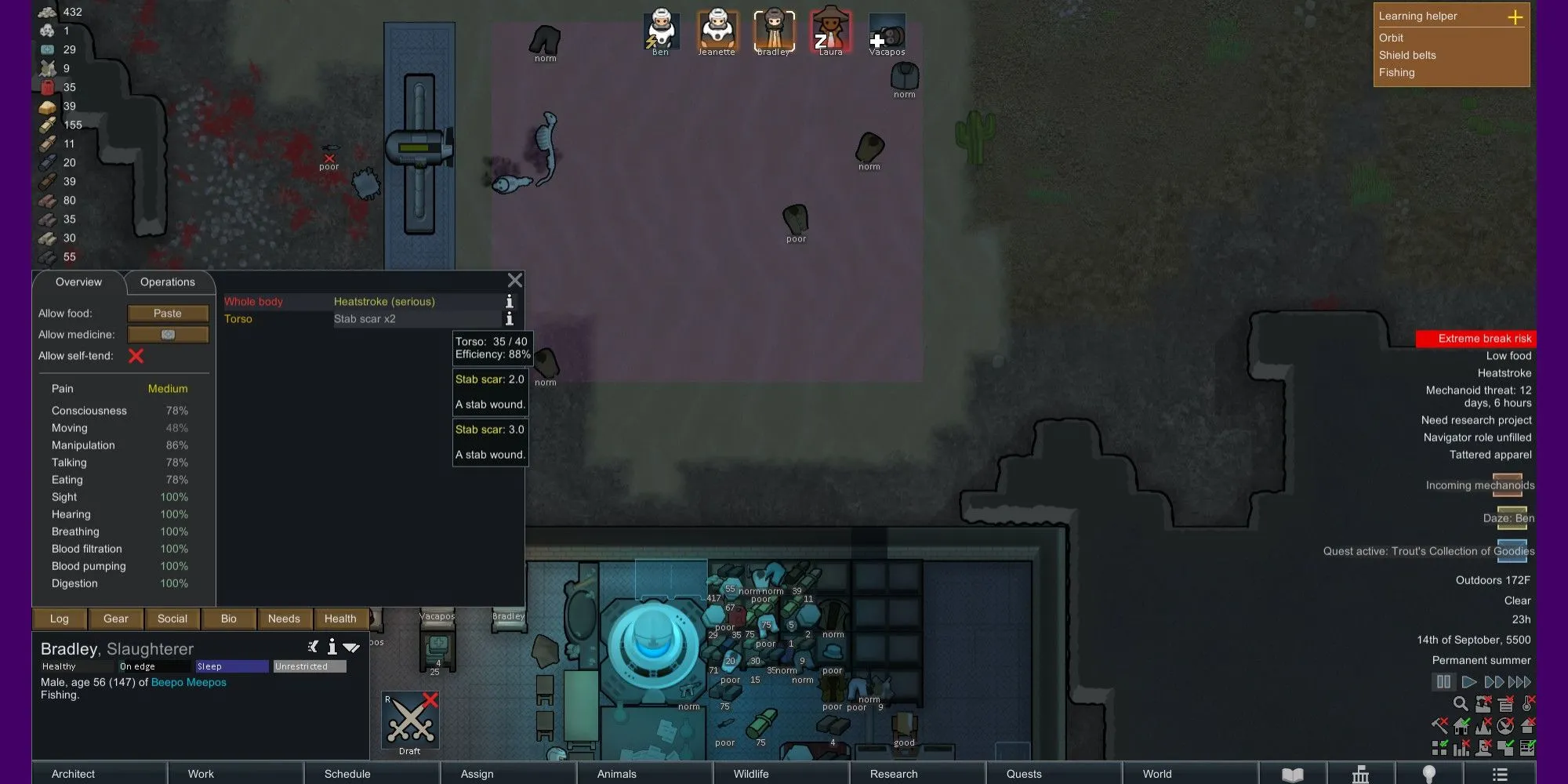 Giao diện thông tin nhân vật RimWorld hiển thị chấn thương vĩnh viễn và vết sẹo do bị đâm.