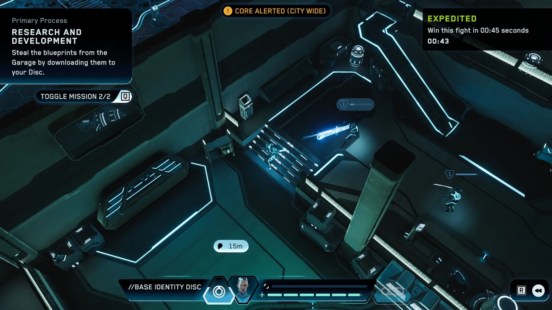 Góc nhìn combat isometric trong Tron Catalyst, nơi Exo đối đầu nhiều kẻ thù