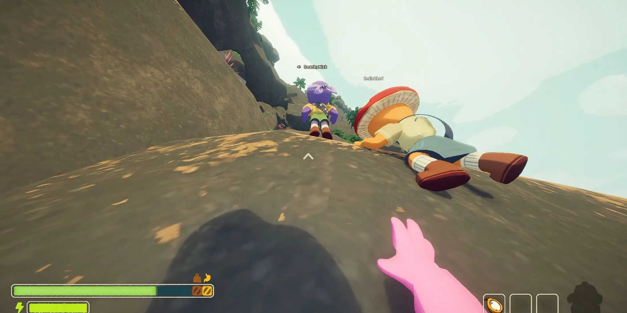 Góc nhìn thứ nhất khi leo núi trong PEAK, cho thấy độ chân thực của game phiêu lưu
