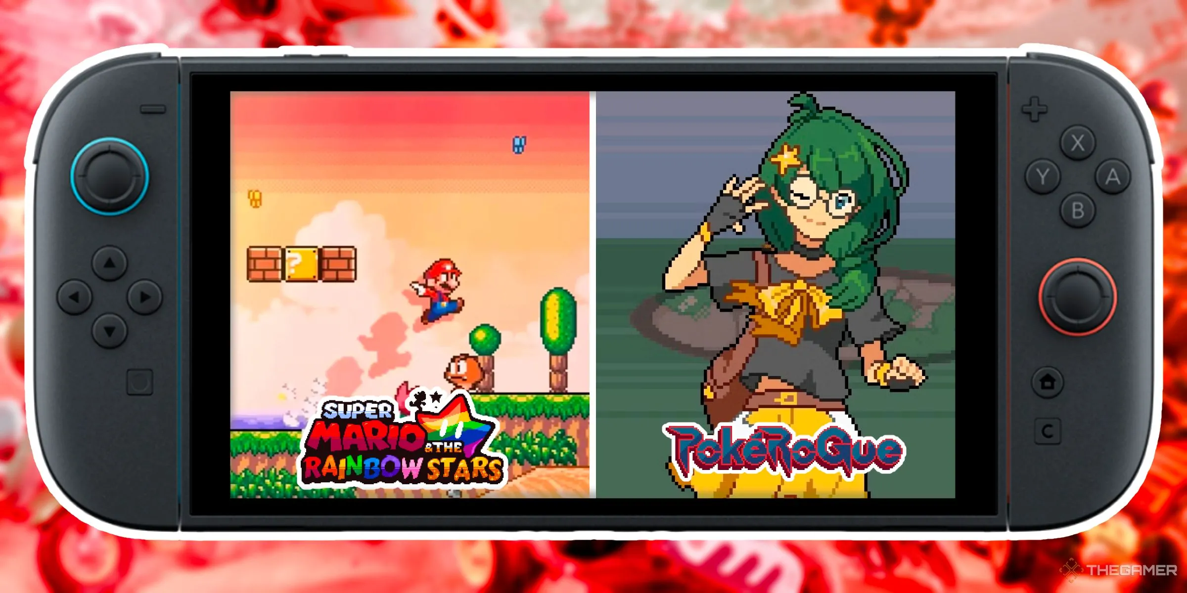 Hai hình ảnh game fanmade Super Mario &amp; The Rainbow Stars và PokeRogue trên màn hình Nintendo Switch 2