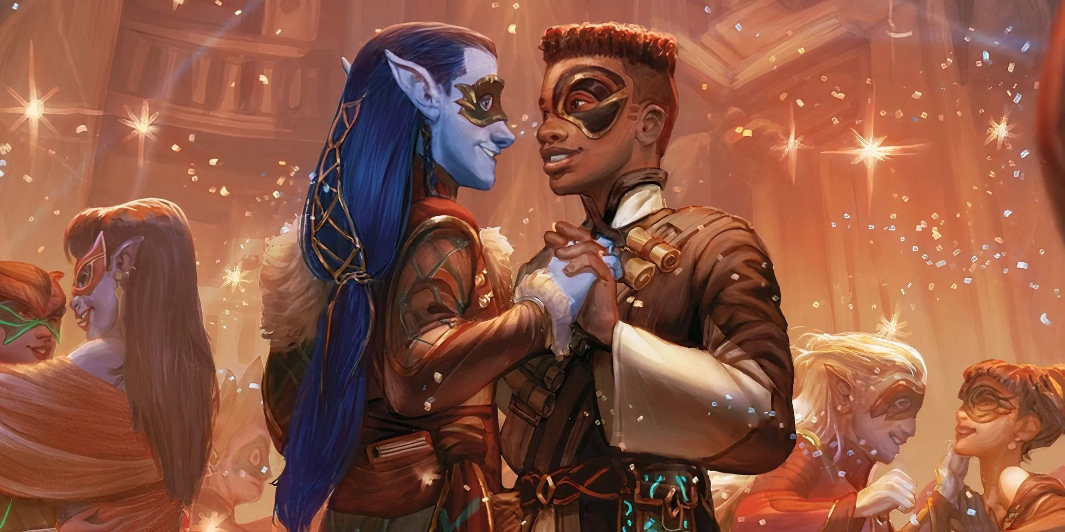 Hai học sinh tham dự một buổi dạ hội tại Strixhaven trong Dungeons &amp; Dragons.