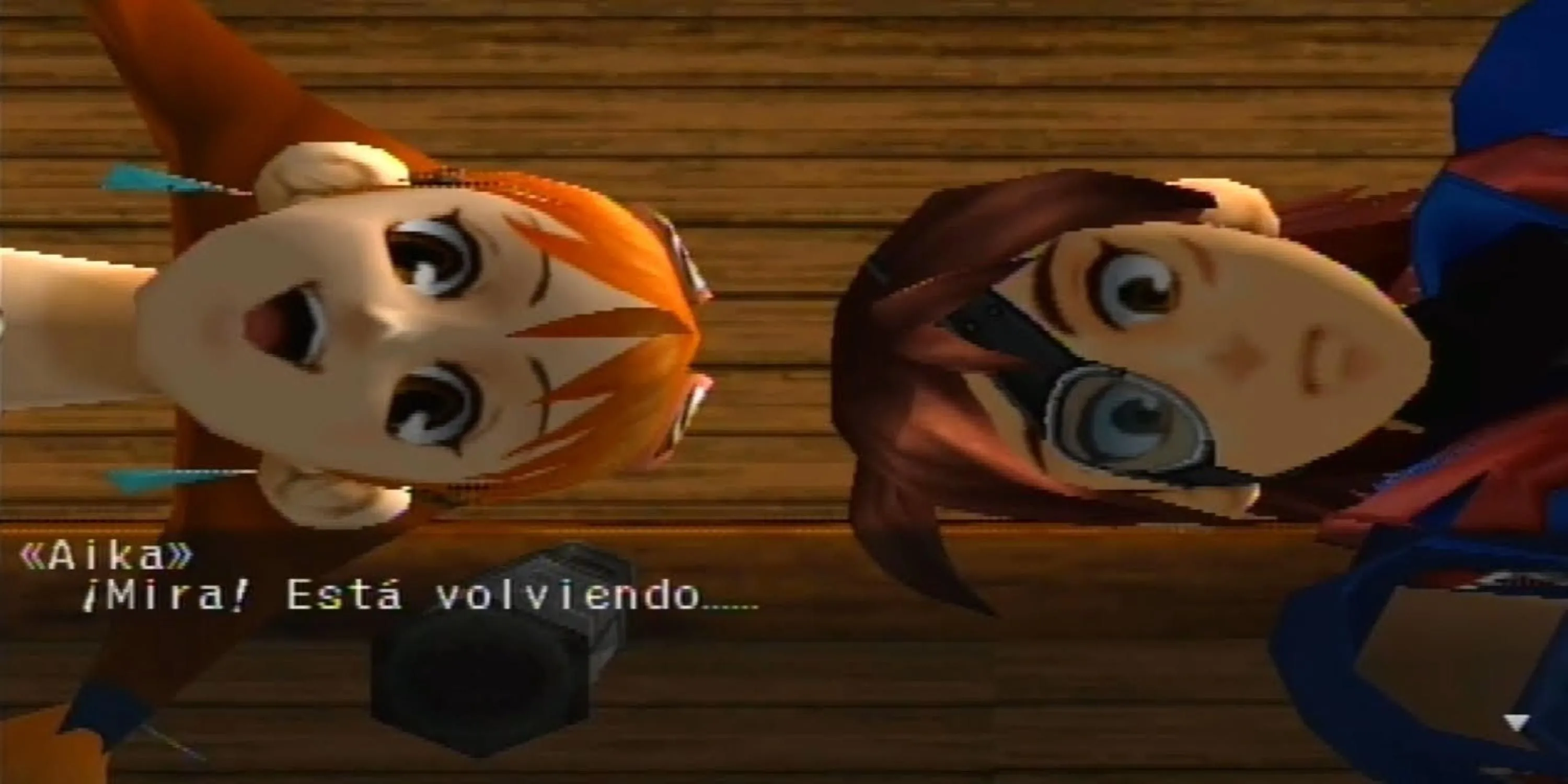 Hai nhân vật Vyse và Aika nhìn xuống trong Skies of Arcadia Legends, biểu tượng cho cuộc phiêu lưu trên không của game