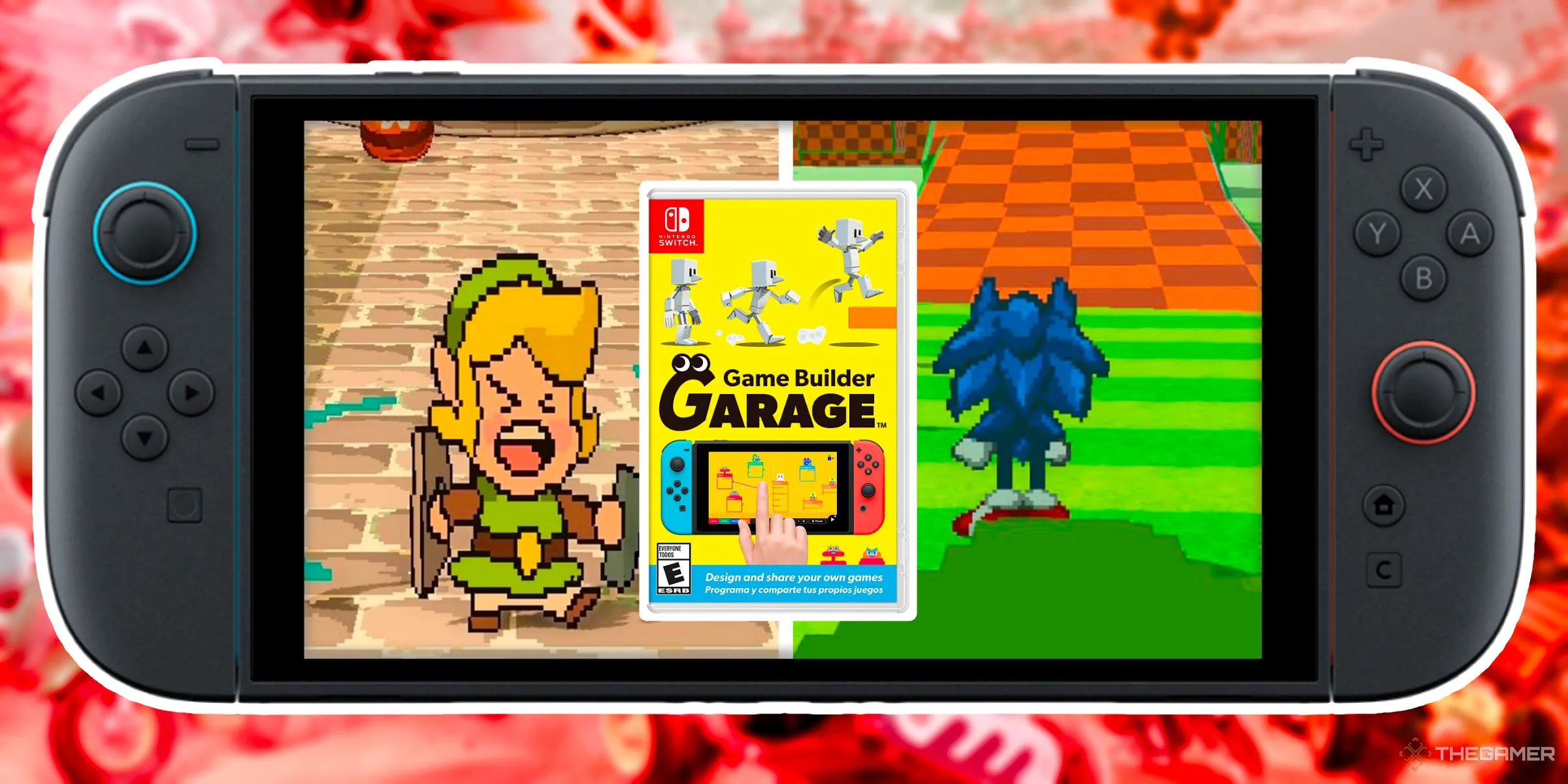 Hai trò chơi do người chơi tạo lấy cảm hứng từ Sonic và Zelda trong Game Builder Garage, hiển thị trên Nintendo Switch 2