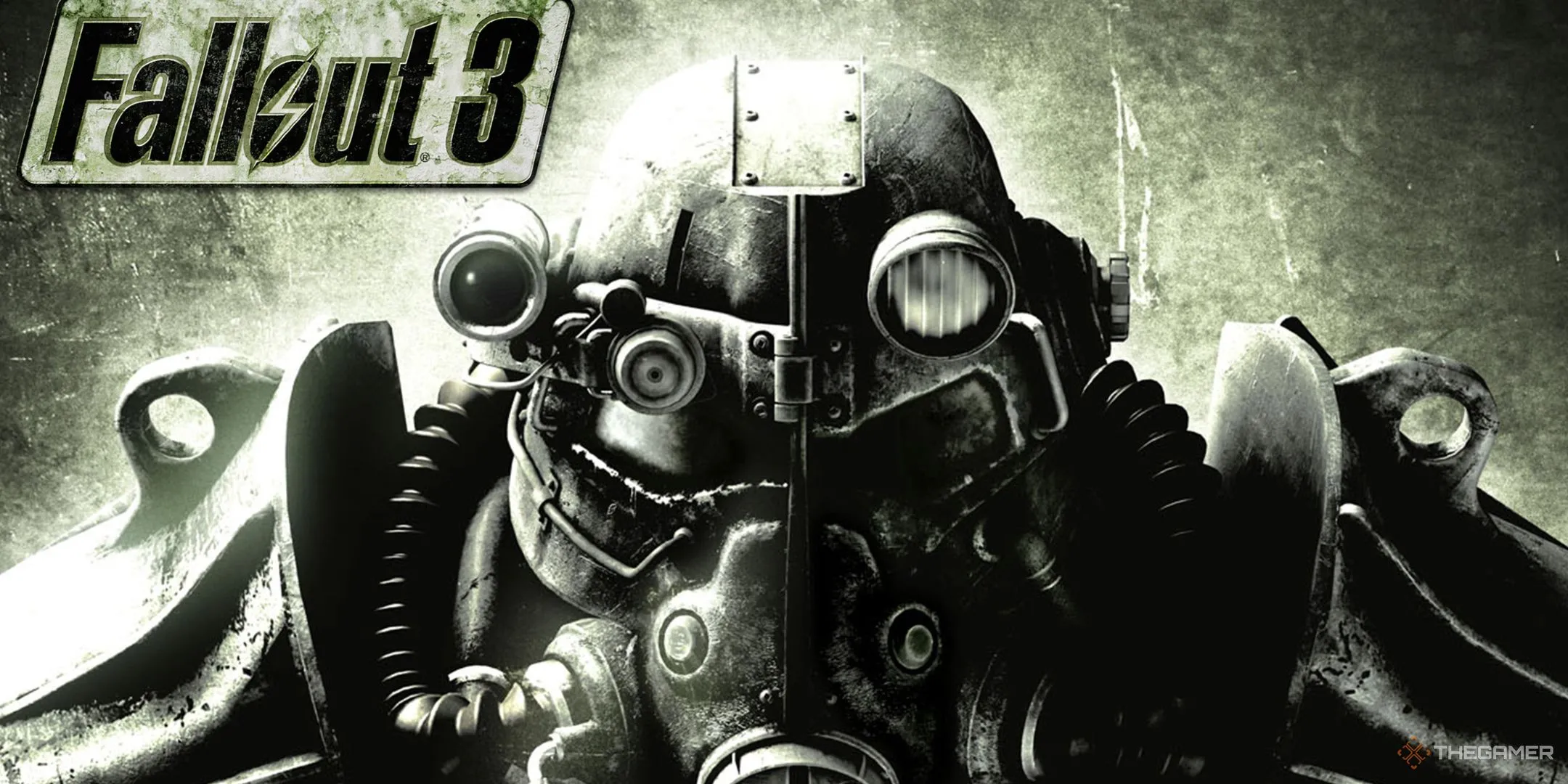 Hình ảnh đơn sắc với logo Fallout 3 và cận cảnh bộ giáp Power Suit