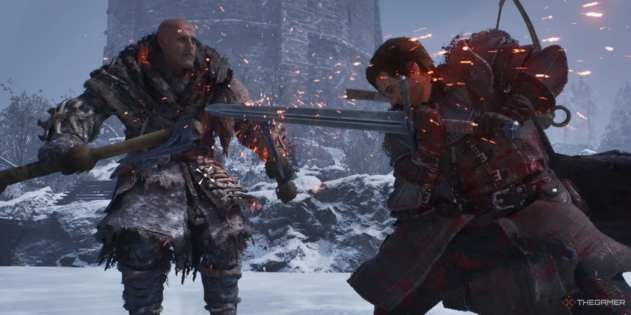 Hình ảnh gameplay Game of Thrones: Kingsroad, minh họa một nhân vật chiến đấu với người khổng lồ trong bối cảnh tuyết phủ, gợi nhắc thế giới Westeros.