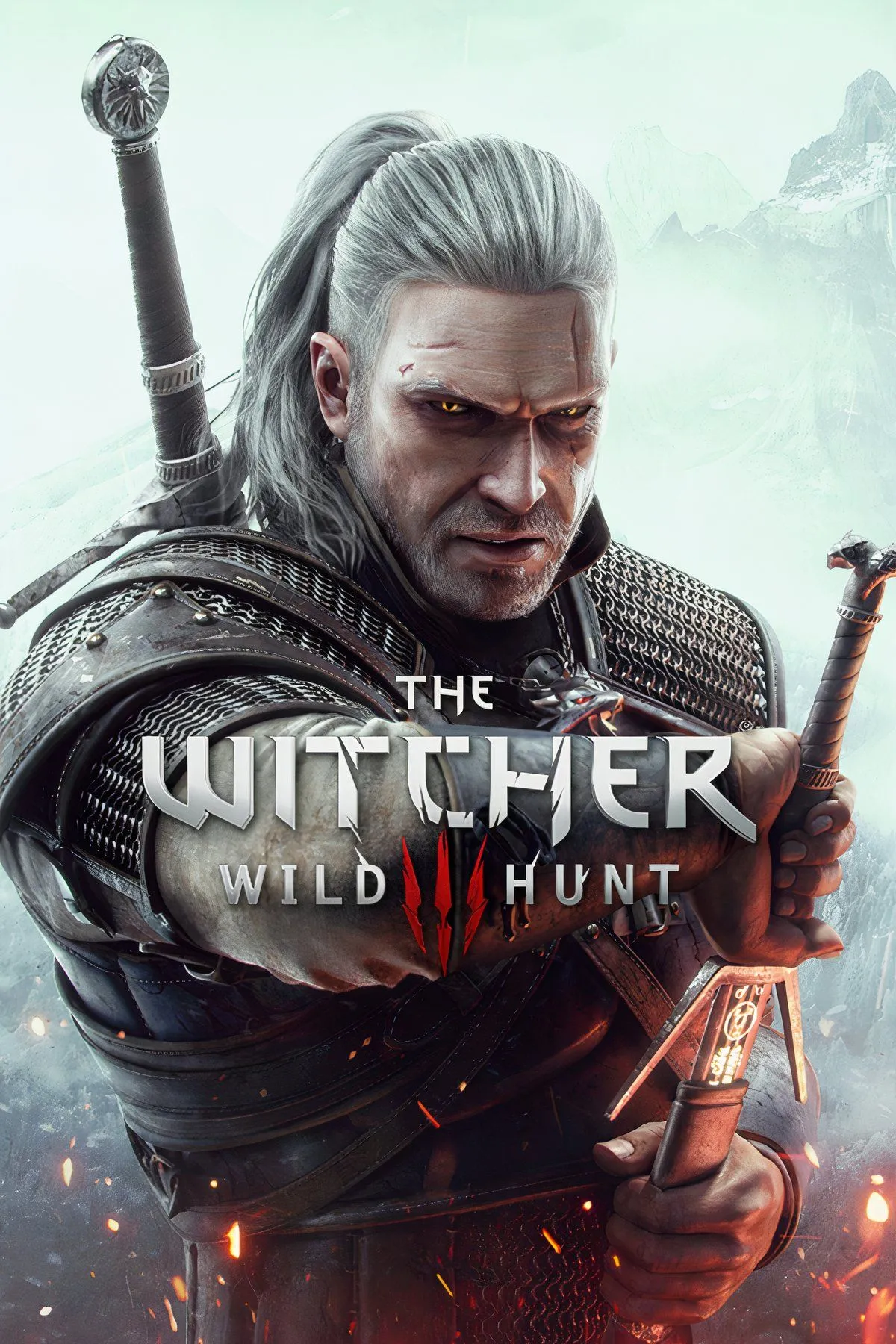 Hình ảnh Geralt trong The Witcher 3 đứng trước một thị trấn hoang tàn, u ám