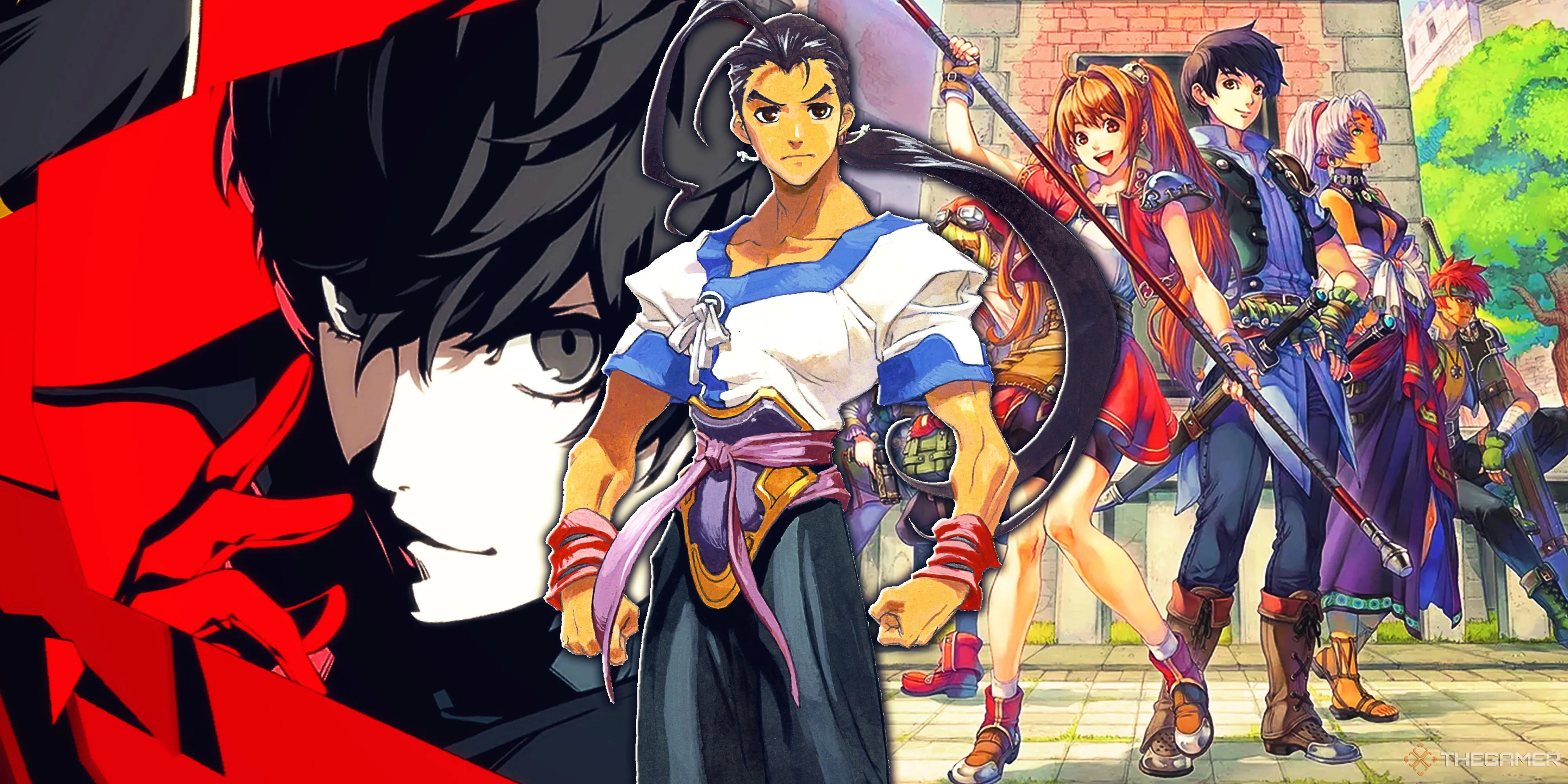 Hình ảnh minh họa ba tựa game nhập vai RPG nổi tiếng: Persona 5 Royal, Xenogears và The Legend of Heroes Trails in the Sky.