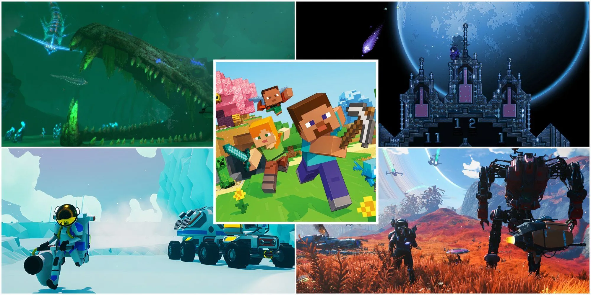 Hình ảnh tổng hợp 8 game sinh tồn hay nhất cho người mới bắt đầu, bao gồm Subnautica và Terraria