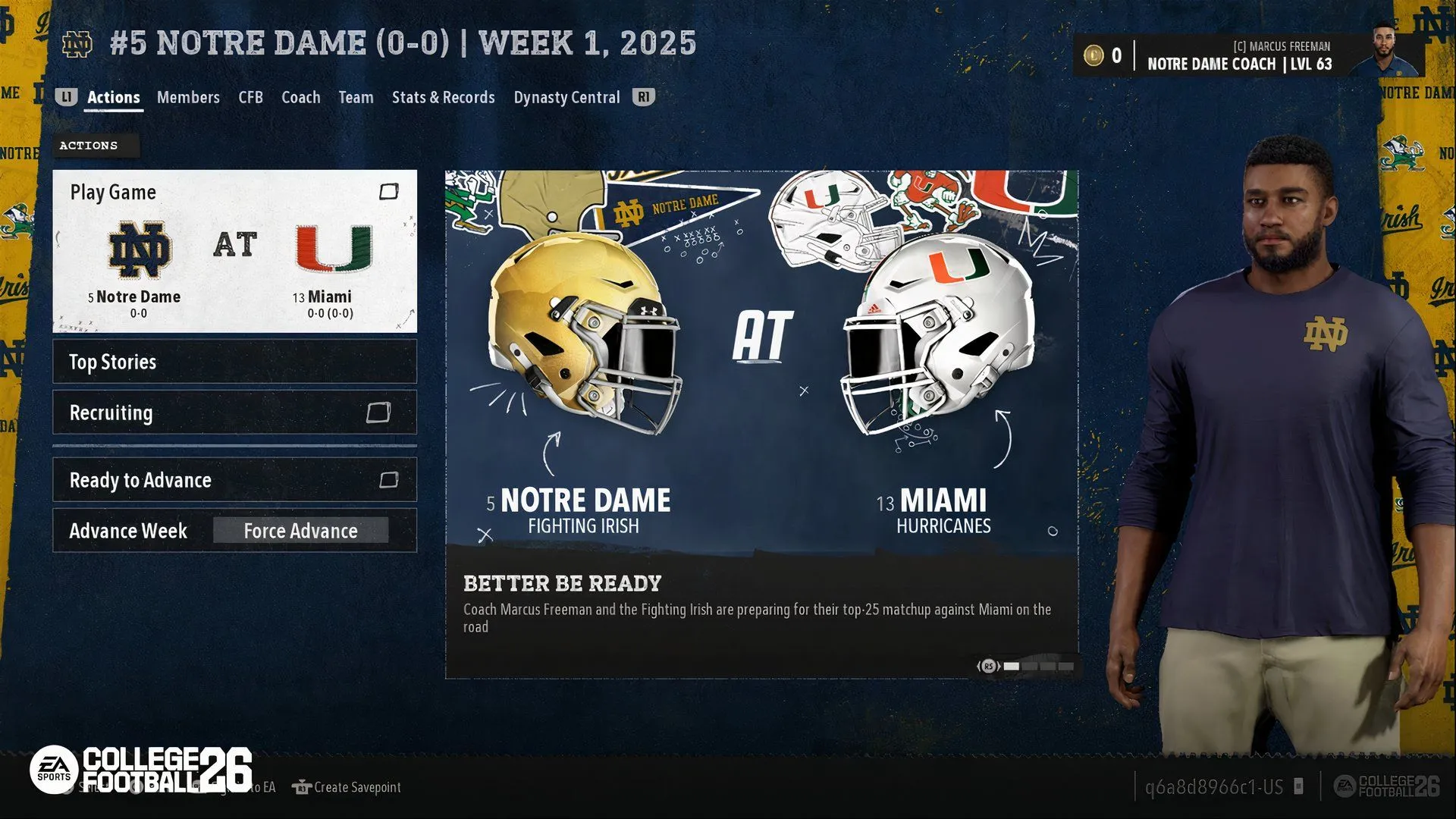 HLV Marcus Freeman của Notre Dame trong chế độ Dynasty của College Football 26, nơi game thủ có thể xây dựng sự nghiệp HLV của riêng mình