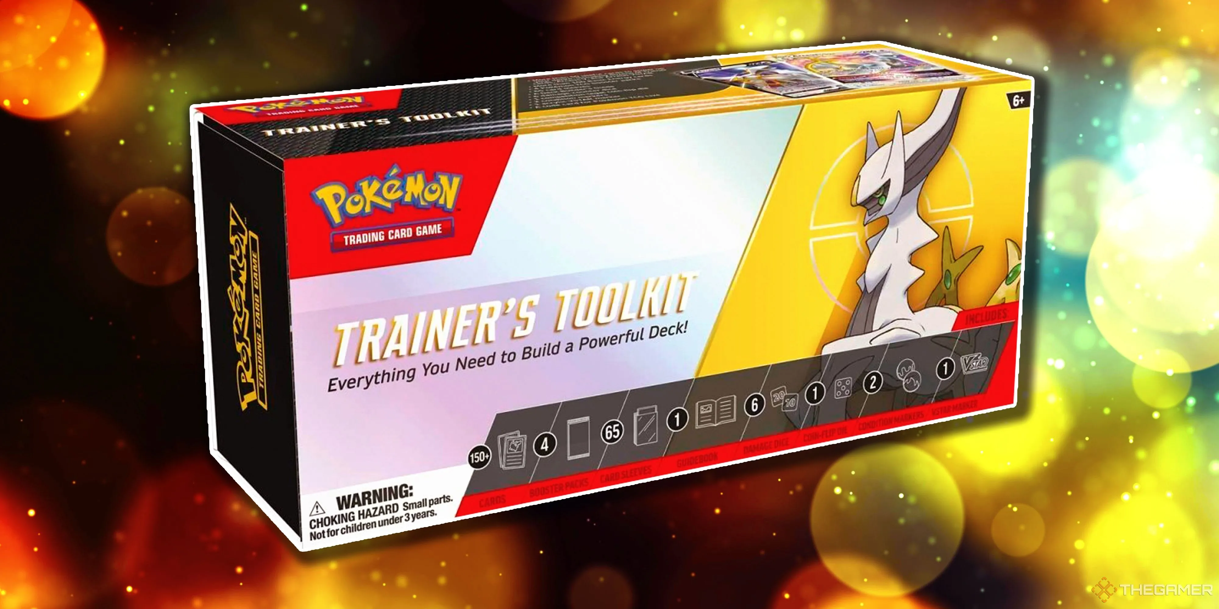 Hộp Trainer's Toolkit Pokemon TCG 2023 nổi bật với hình ảnh Arceus cùng các gói booster Paldea Evolved, Scarlet &amp; Violet và Silver Tempest.