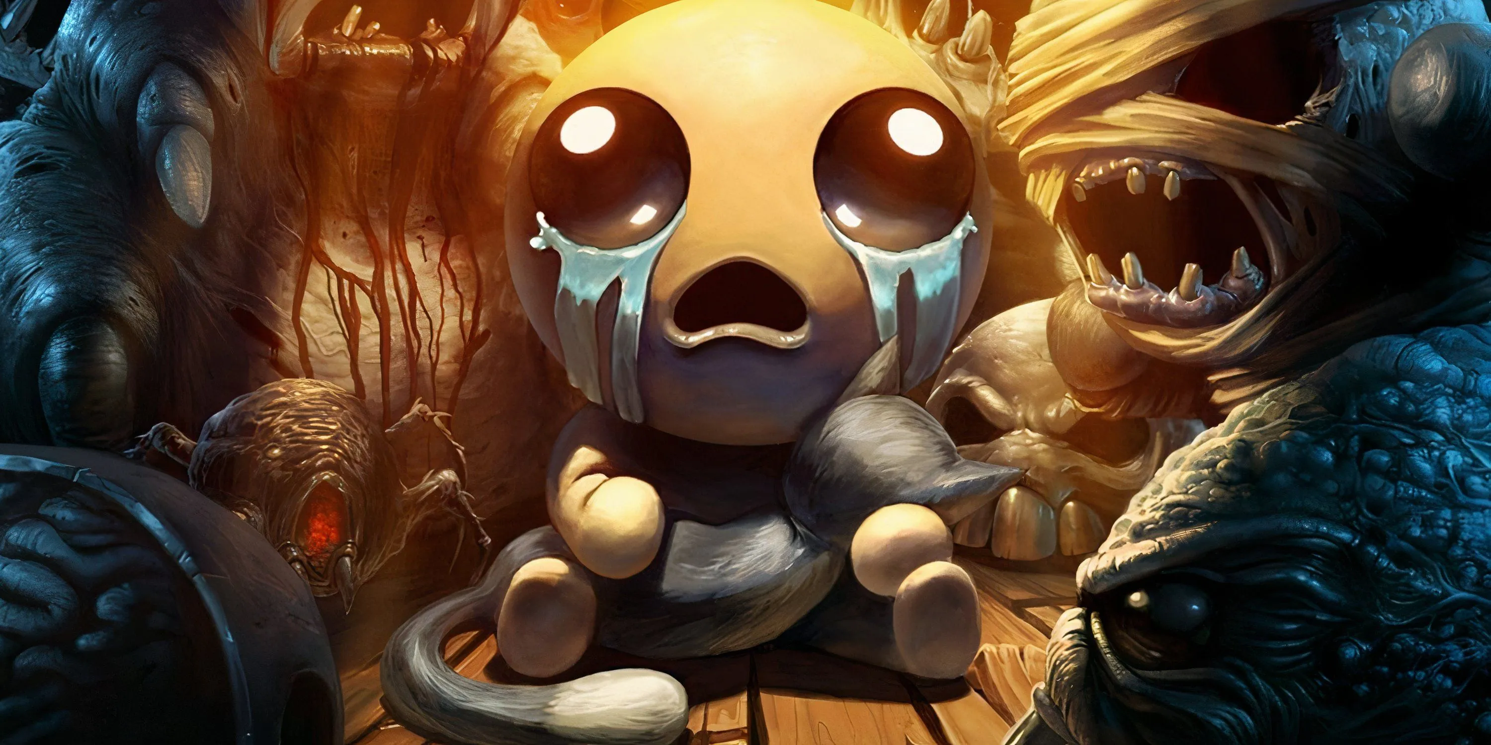Isaac bị bao vây bởi kẻ thù trong The Binding of Isaac, thể hiện sự biến đổi liên tục của cậu bé.
