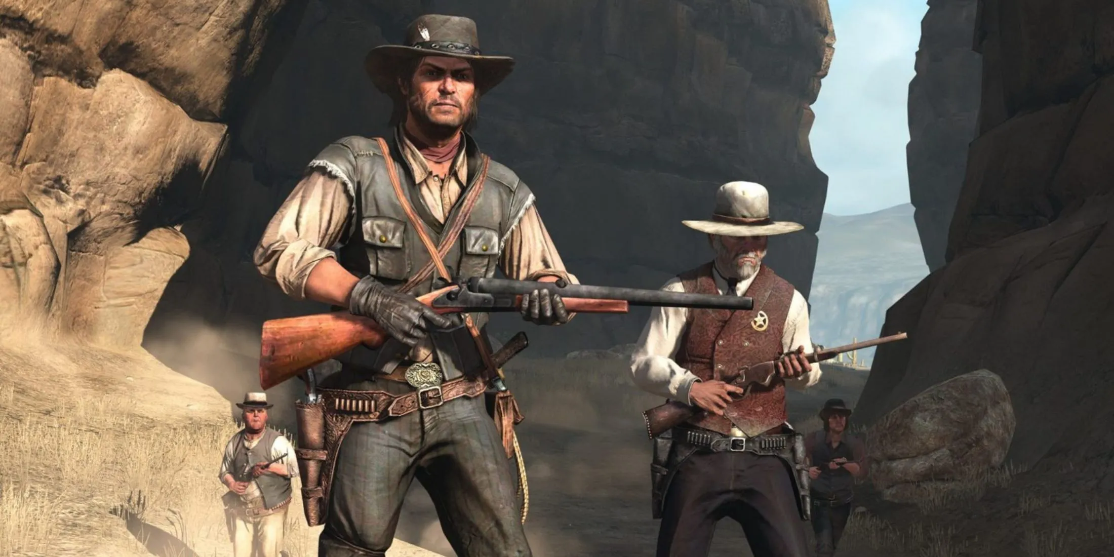 John Marston, nhân vật chính của Red Dead Redemption, trong một cảnh game miền Viễn Tây