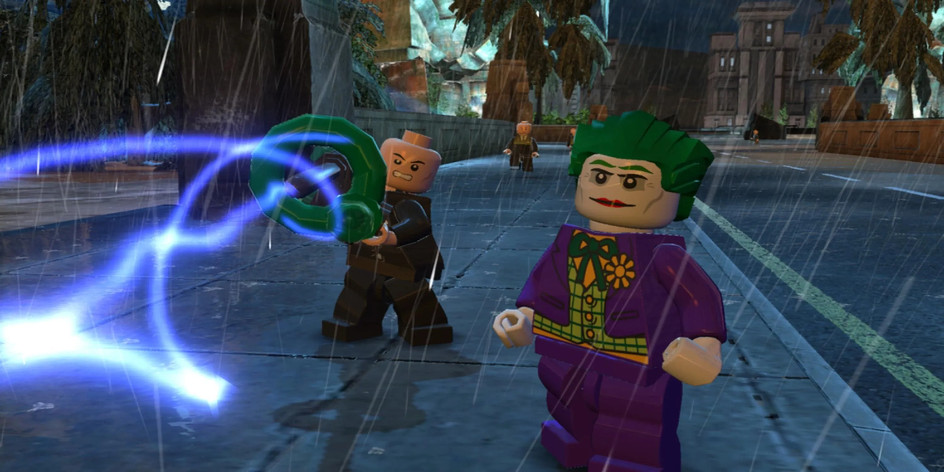 Joker và đồng bọn gây rối trên đường phố Gotham trong thế giới mở của Lego Batman 2.