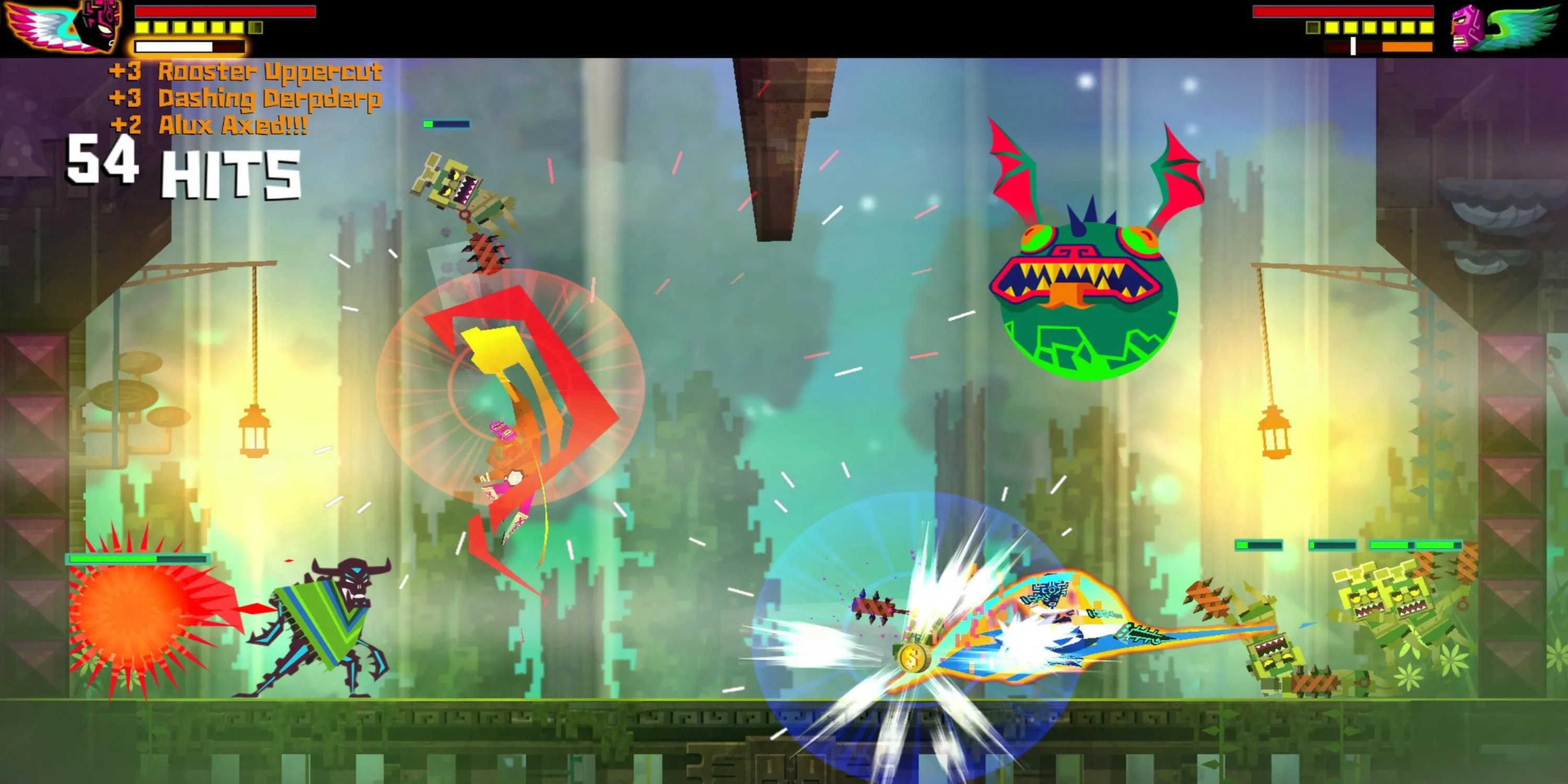Juan, đấu sĩ luchador, tung cú đấm mạnh mẽ vào kẻ thù xương xẩu trong Guacamelee, thể hiện lối chơi beat 'em up đầy màu sắc.