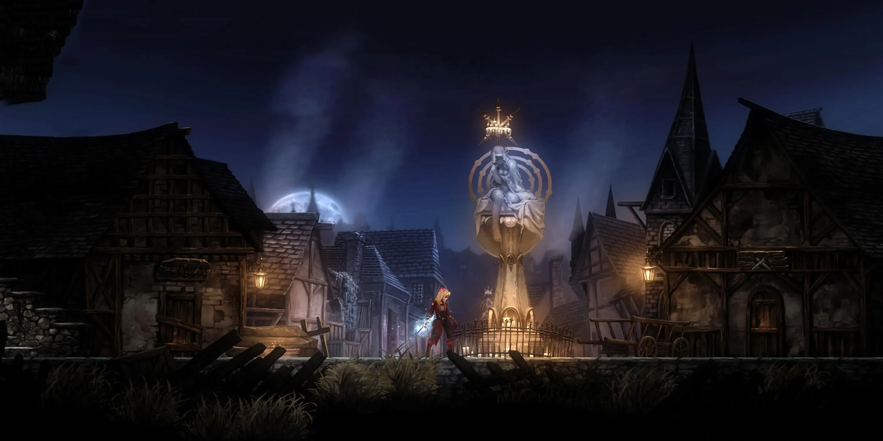 Leila đứng cạnh một đài phun nước trong thị trấn ở Vigil The Longest Night